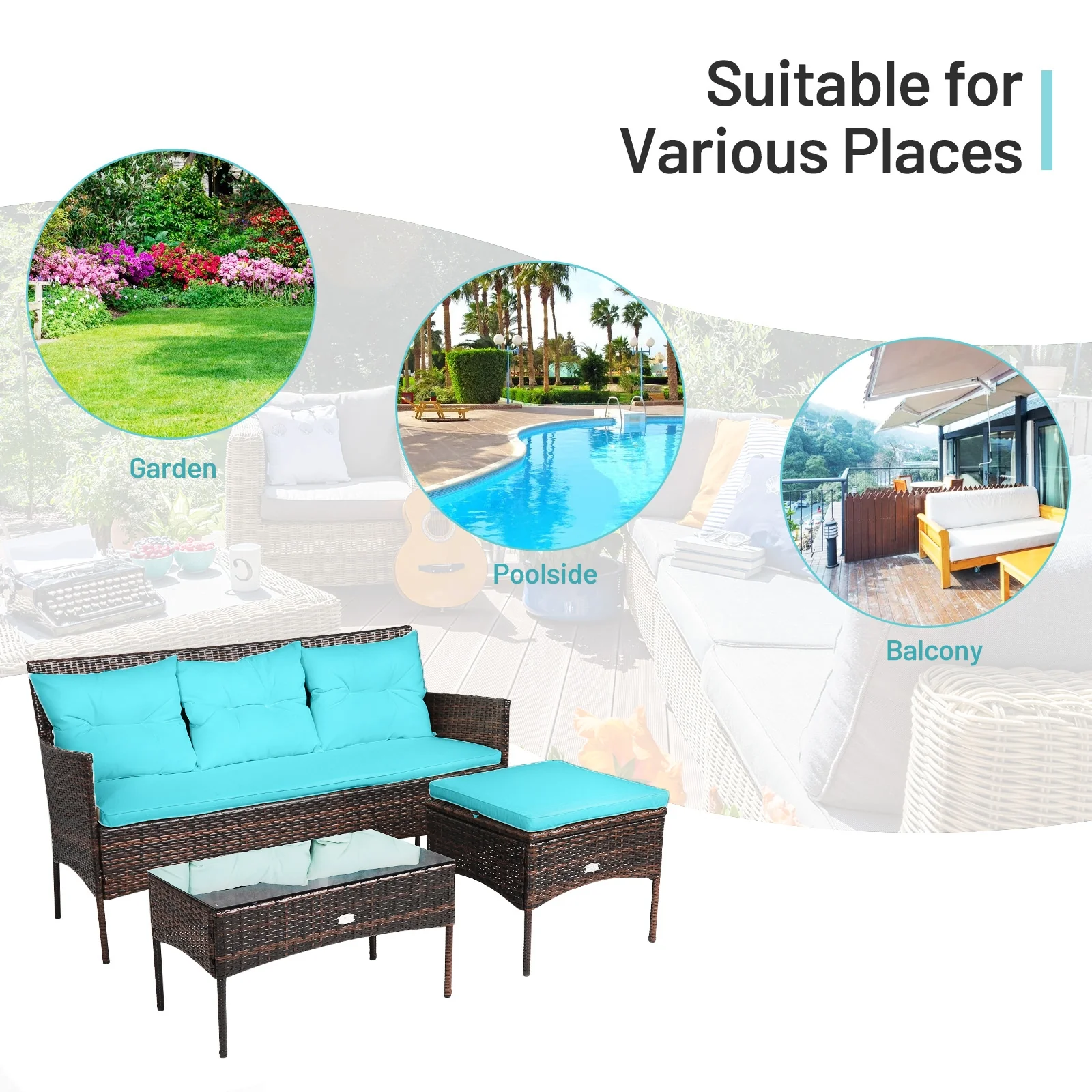 3 Piece Patio Furniture Sectional Set, 5 Seat Cushions, Turquoise - Image 6