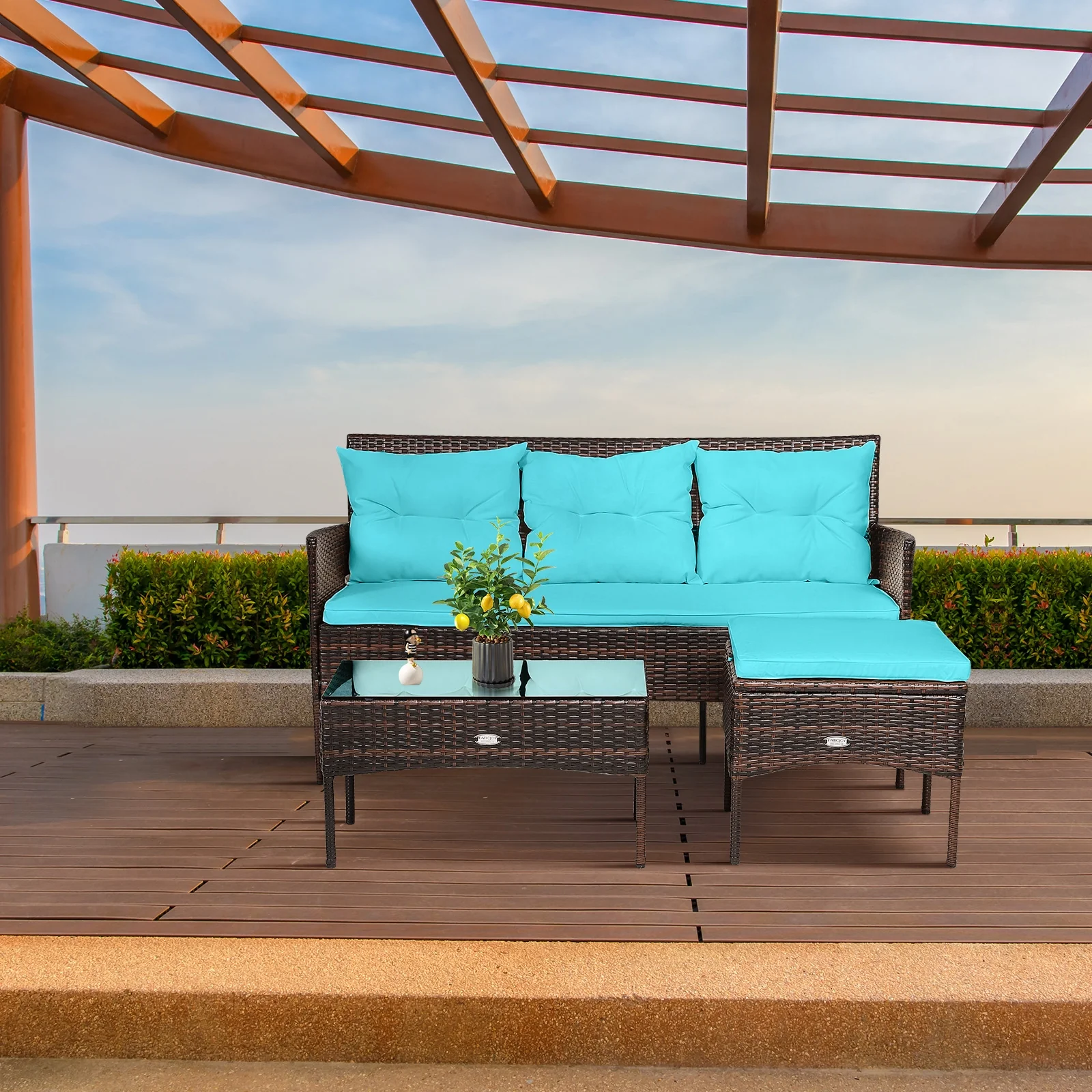 3 Piece Patio Furniture Sectional Set, 5 Seat Cushions, Turquoise - Image 7