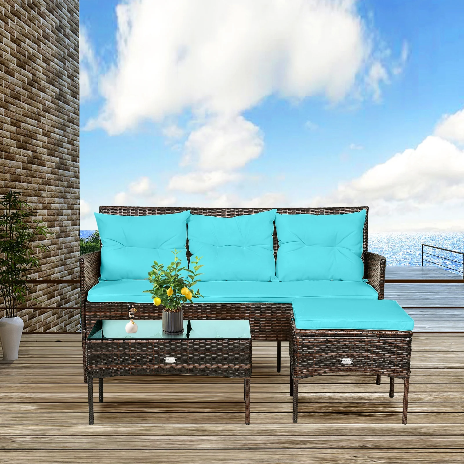 3 Piece Patio Furniture Sectional Set, 5 Seat Cushions, Turquoise - Image 8