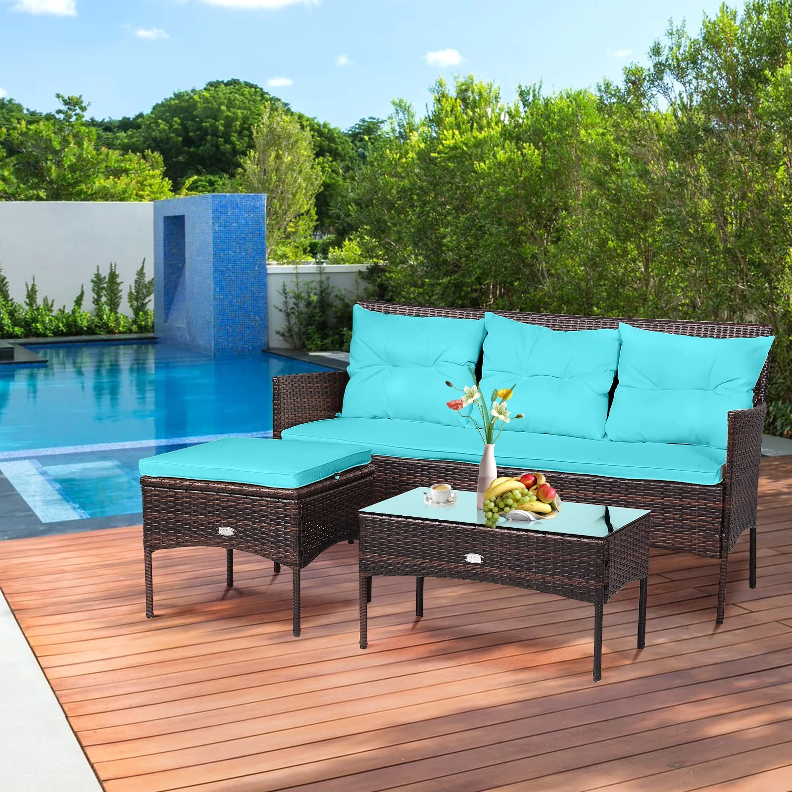 3 Piece Patio Furniture Sectional Set, 5 Seat Cushions, Turquoise - Image 9