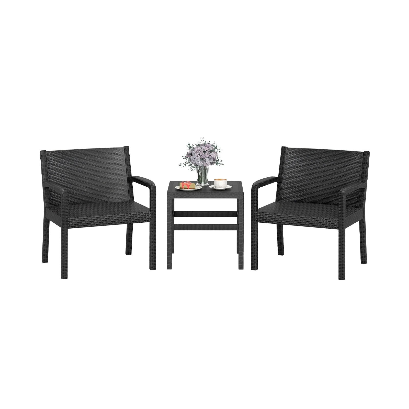 3 Piece Patio Furniture Set, 2 Rattan Armchairs, 25 Inch Side Table, Black