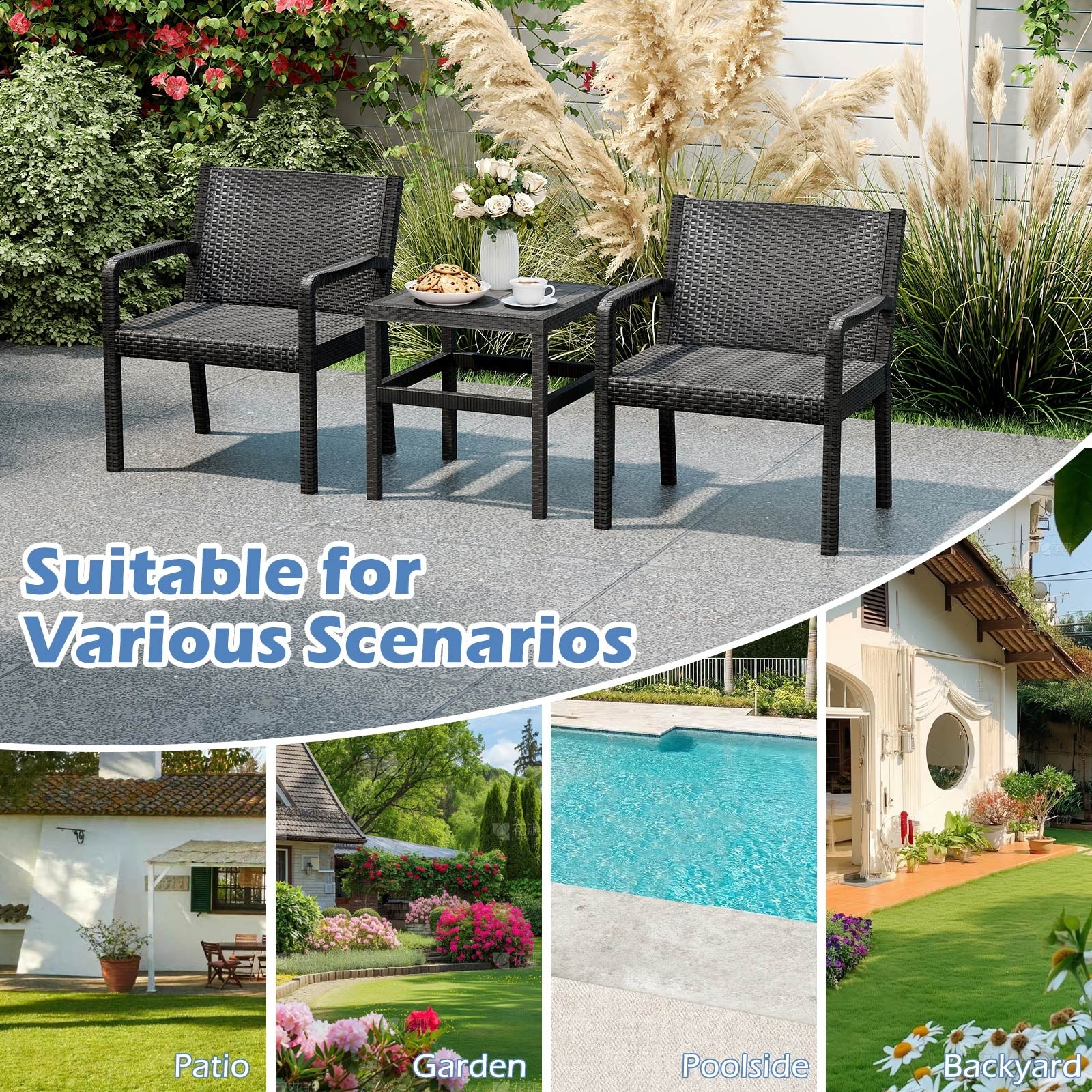 3 Piece Patio Furniture Set, 2 Rattan Armchairs, 25 Inch Side Table, Black - Image 10