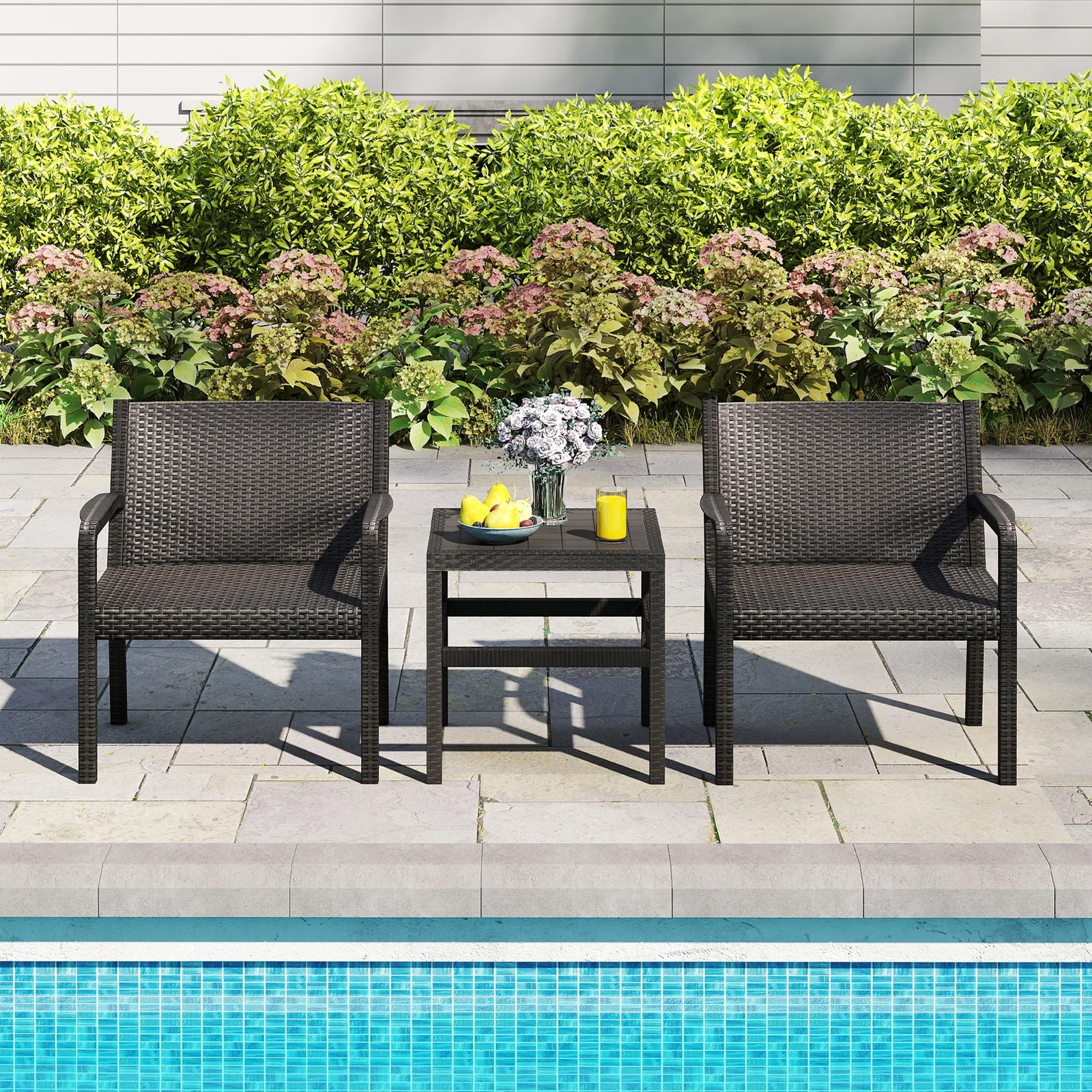 3 Piece Patio Furniture Set, 2 Rattan Armchairs, 25 Inch Side Table, Black - Image 2