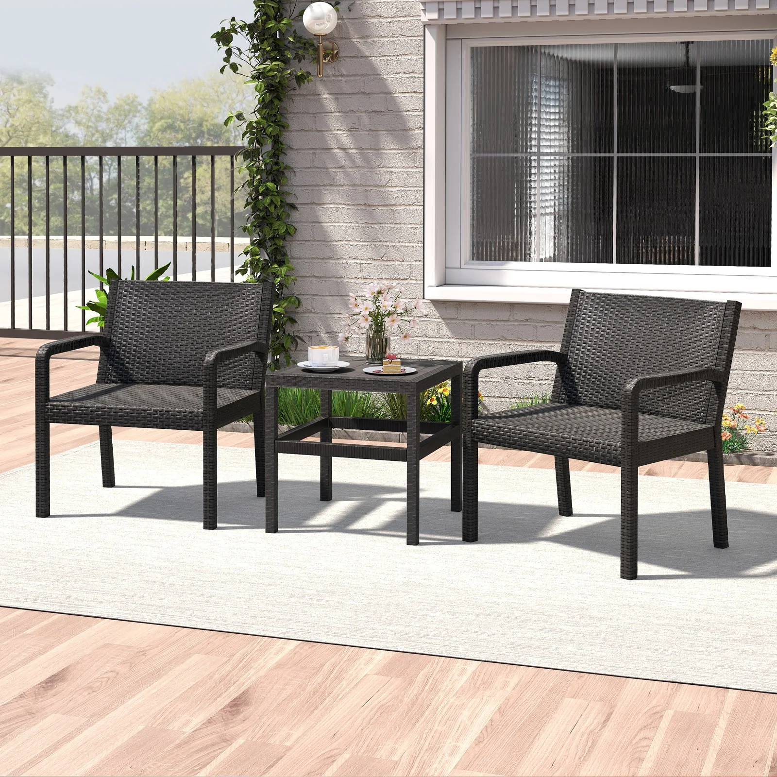 3 Piece Patio Furniture Set, 2 Rattan Armchairs, 25 Inch Side Table, Black - Image 3