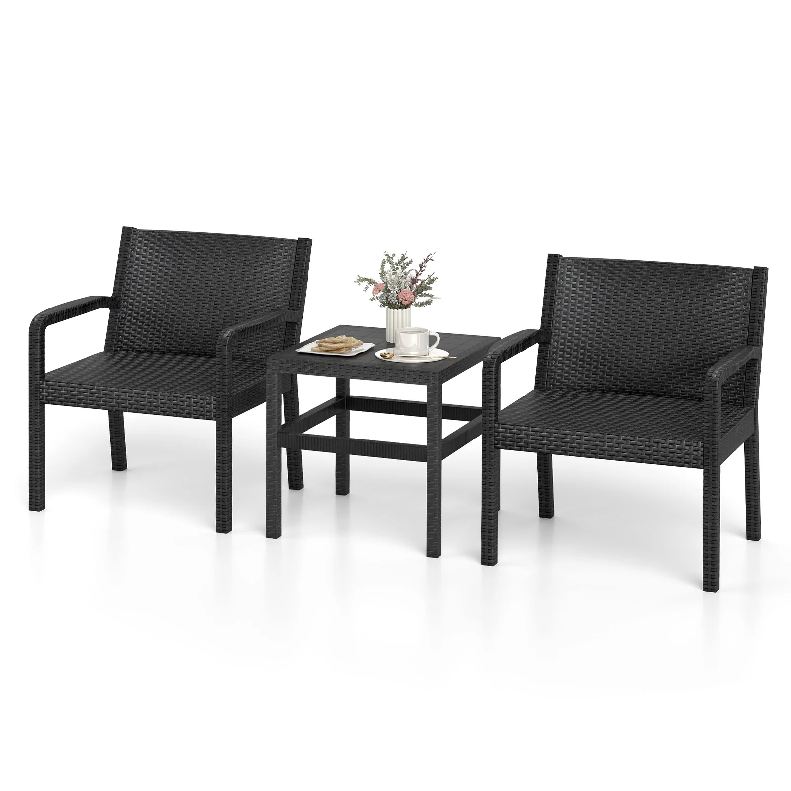 3 Piece Patio Furniture Set, 2 Rattan Armchairs, 25 Inch Side Table, Black - Image 5
