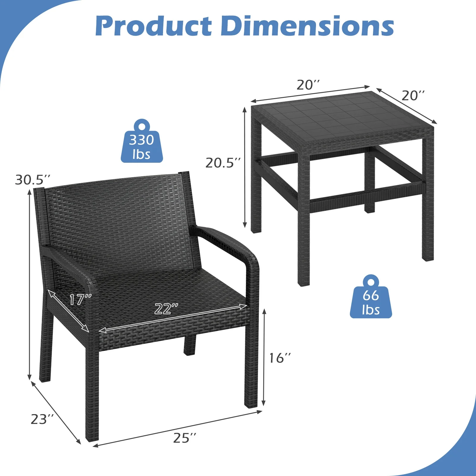 3 Piece Patio Furniture Set, 2 Rattan Armchairs, 25 Inch Side Table, Black - Image 6