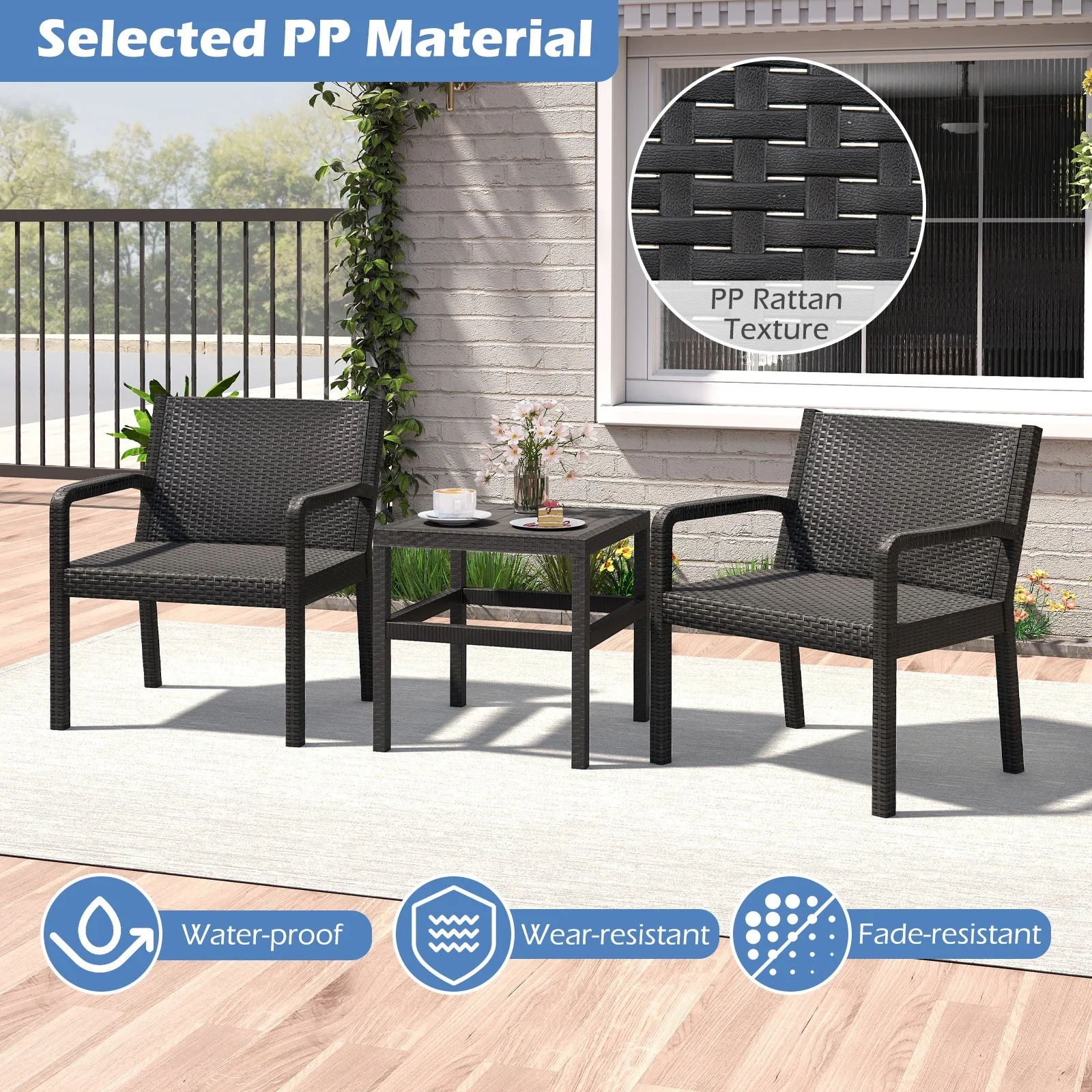 3 Piece Patio Furniture Set, 2 Rattan Armchairs, 25 Inch Side Table, Black - Image 7