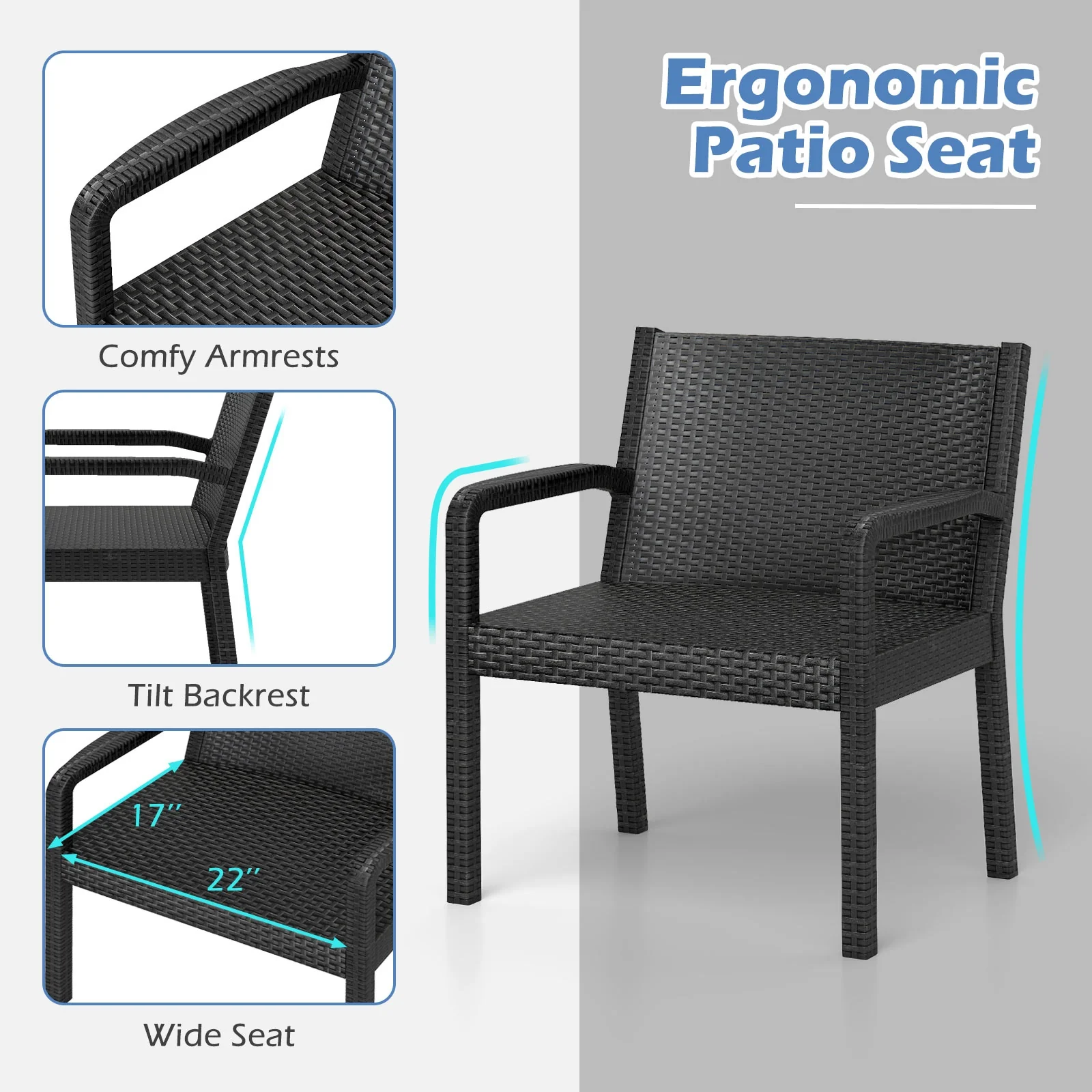 3 Piece Patio Furniture Set, 2 Rattan Armchairs, 25 Inch Side Table, Black - Image 8
