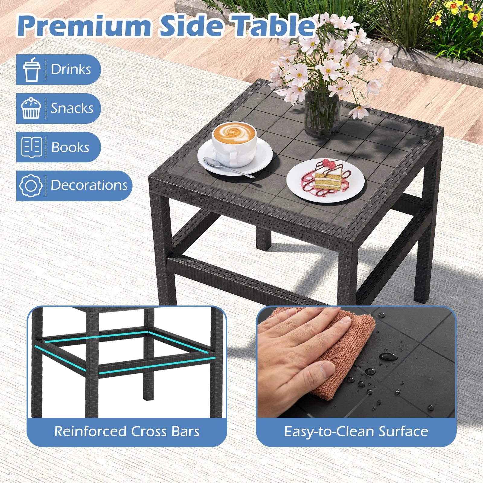 3 Piece Patio Furniture Set, 2 Rattan Armchairs, 25 Inch Side Table, Black - Image 9