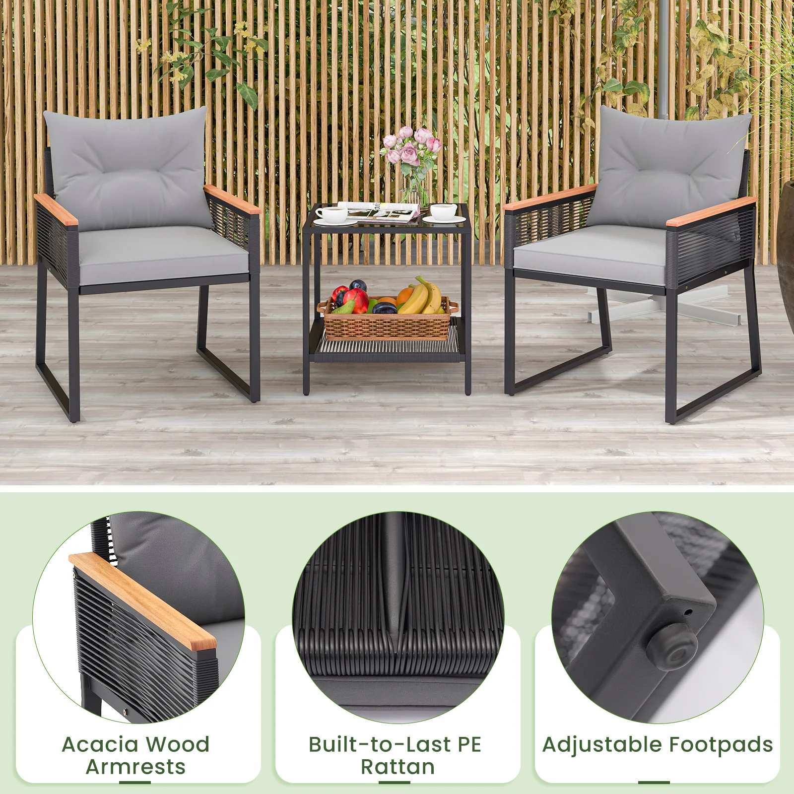 3 Piece Patio Furniture Set, 2 Tier Coffee Table, Cushions, Gray - Image 10