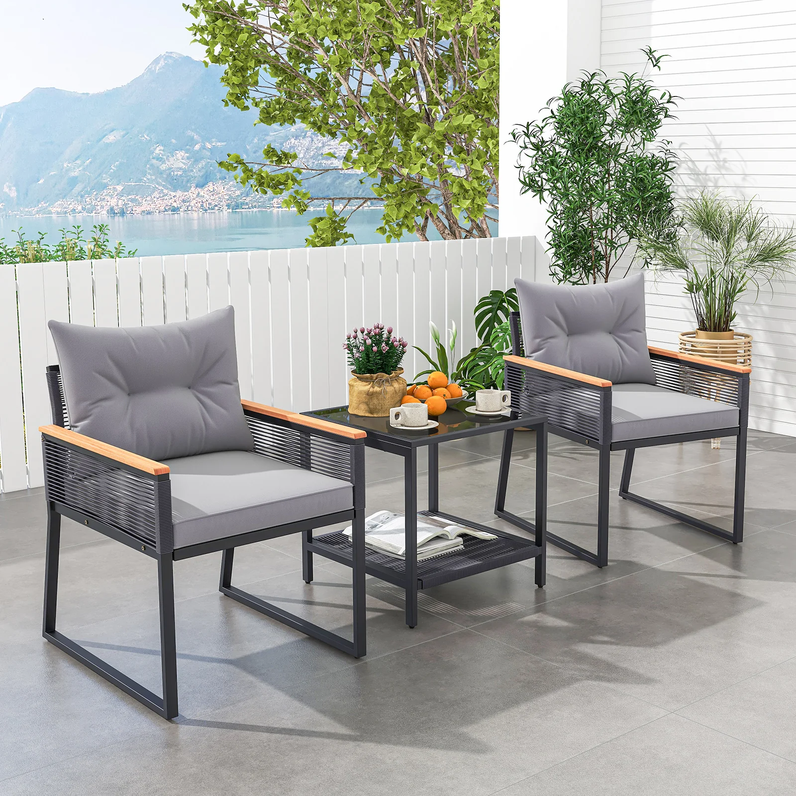 3 Piece Patio Furniture Set, 2 Tier Coffee Table, Cushions, Gray - Image 2