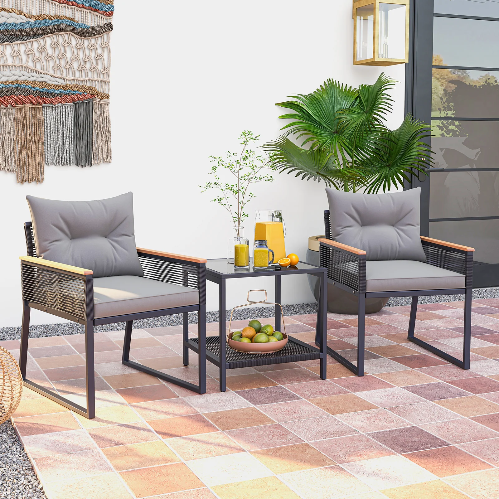 3 Piece Patio Furniture Set, 2 Tier Coffee Table, Cushions, Gray - Image 3
