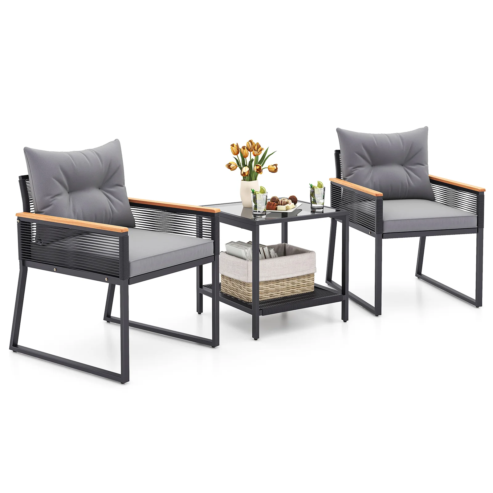 3 Piece Patio Furniture Set, 2 Tier Coffee Table, Cushions, Gray - Image 4