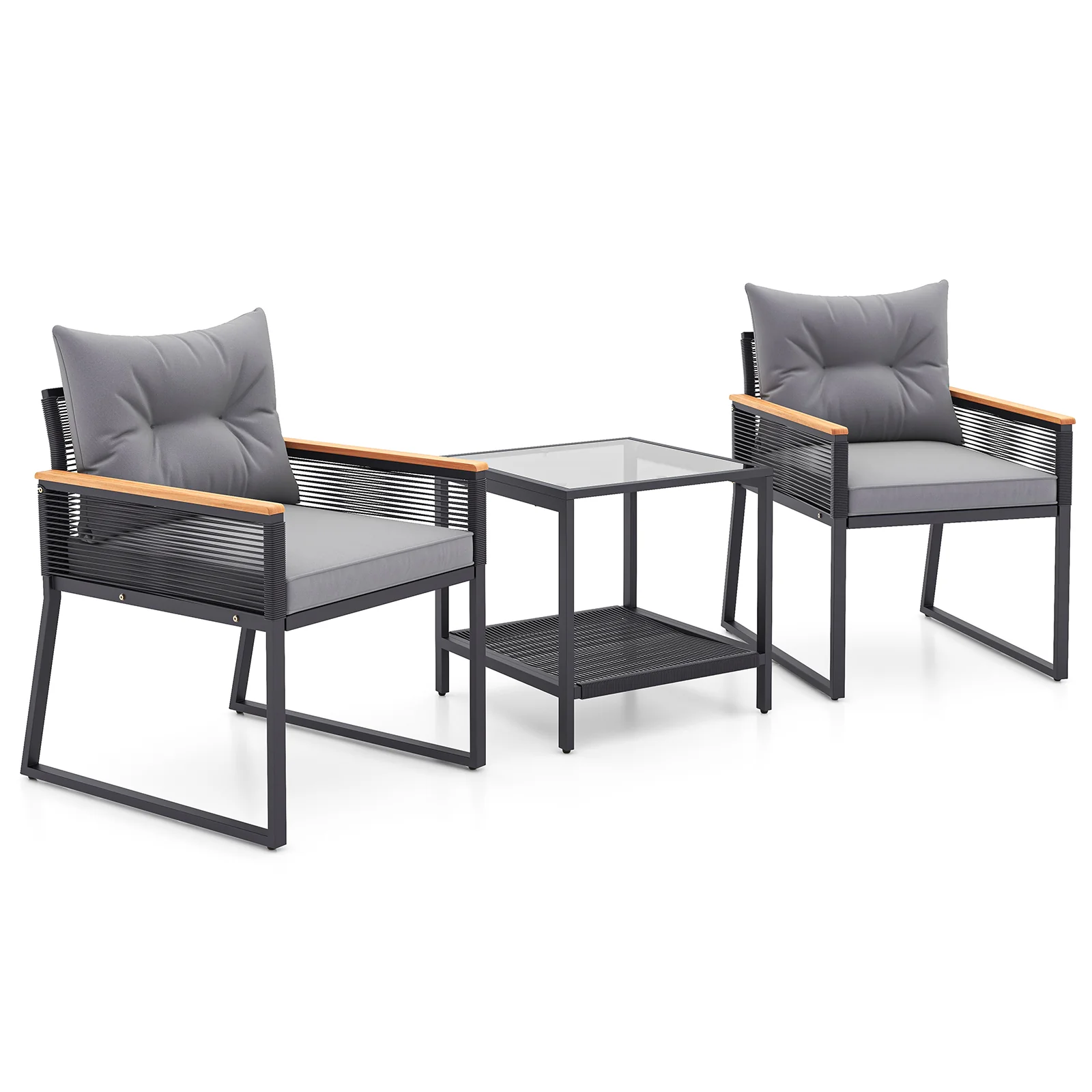 3 Piece Patio Furniture Set, 2 Tier Coffee Table, Cushions, Gray - Image 5