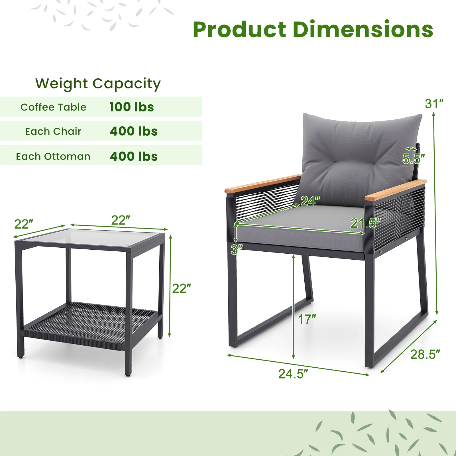 3 Piece Patio Furniture Set, 2 Tier Coffee Table, Cushions, Gray - Image 6