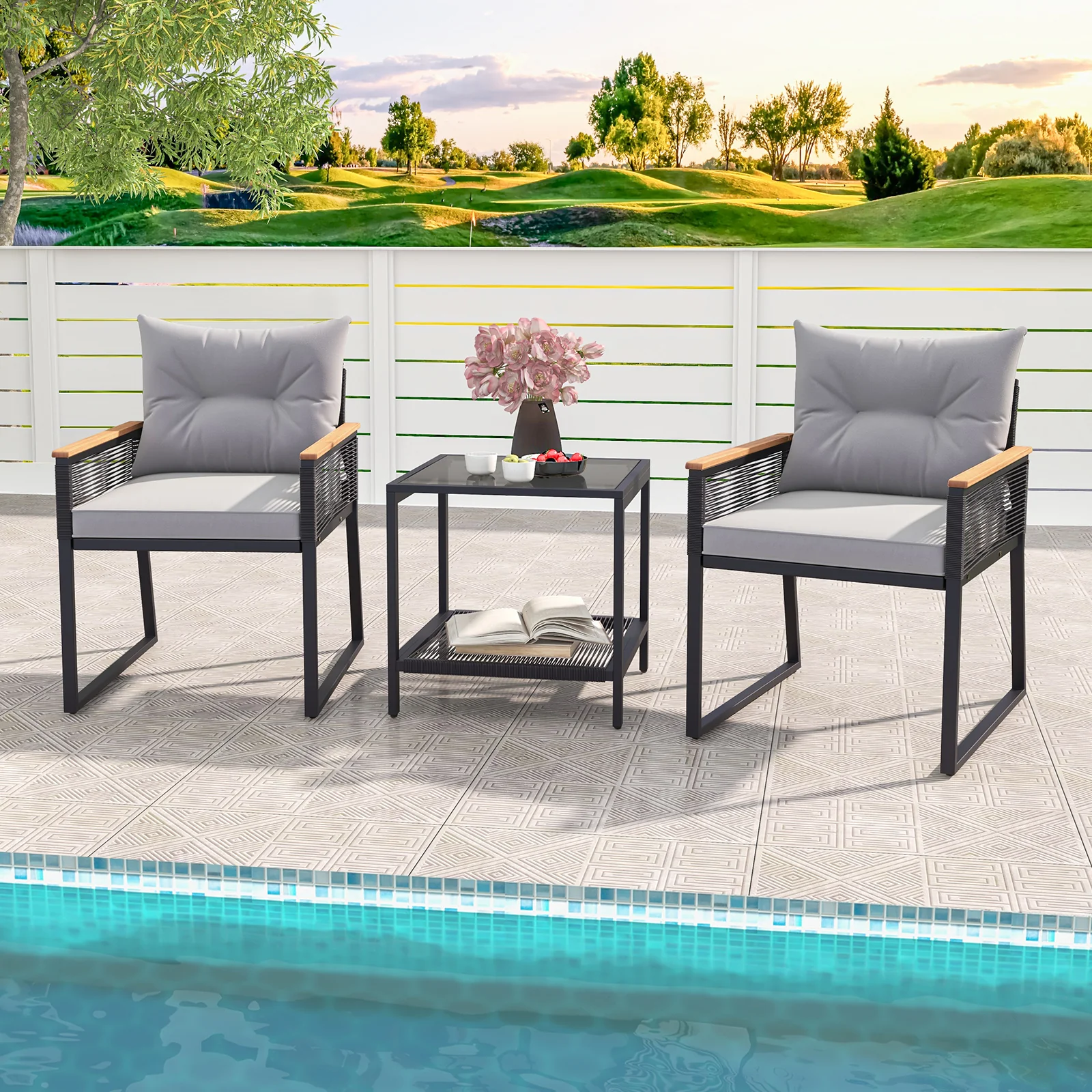 3 Piece Patio Furniture Set, 2 Tier Coffee Table, Cushions, Gray - Image 7