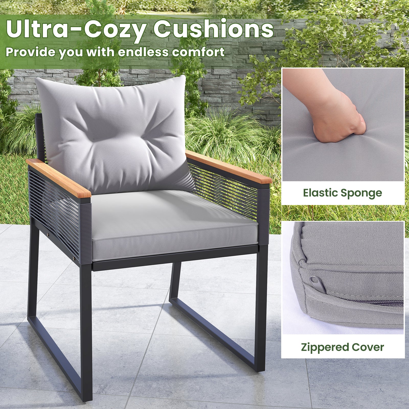 3 Piece Patio Furniture Set, 2 Tier Coffee Table, Cushions, Gray - Image 8