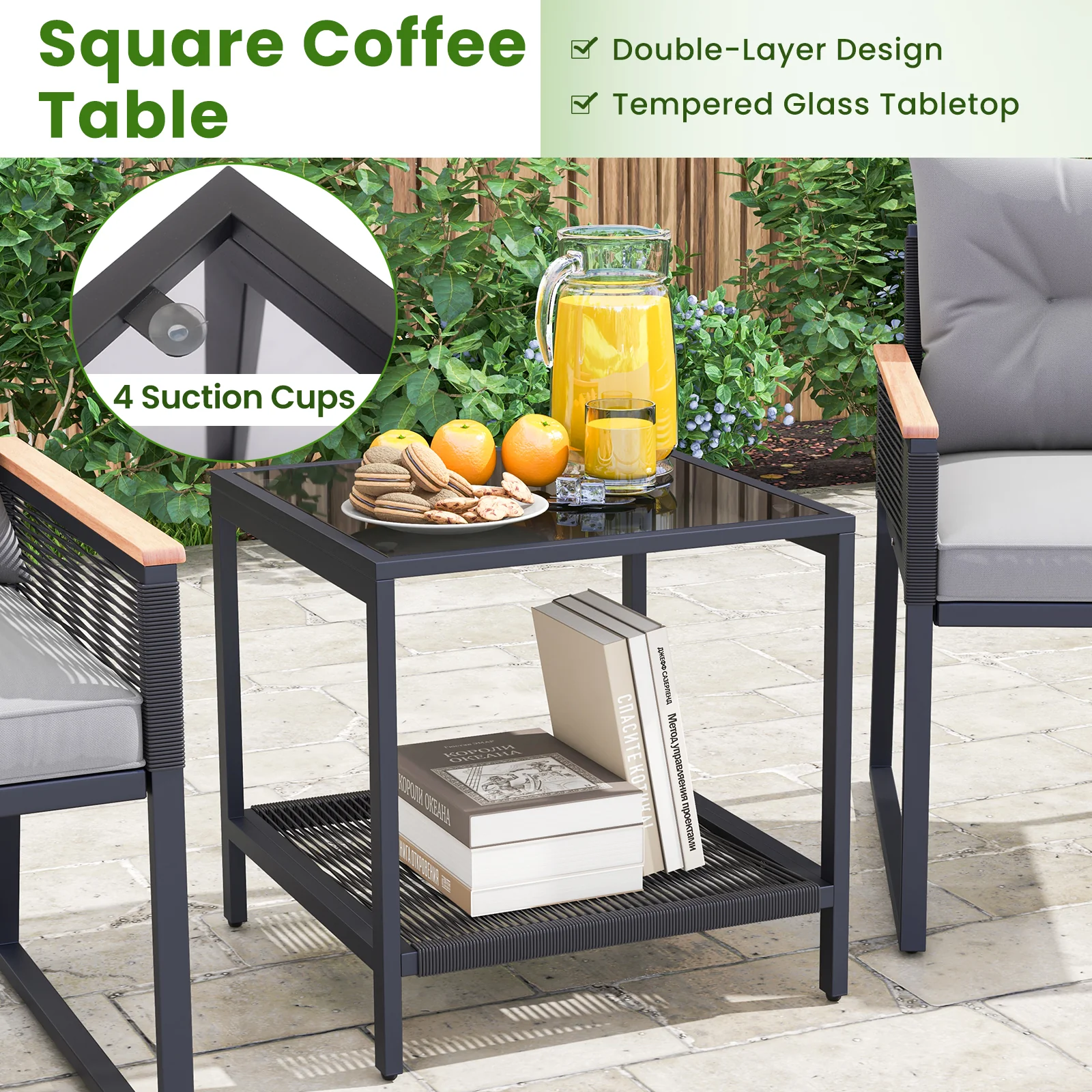 3 Piece Patio Furniture Set, 2 Tier Coffee Table, Cushions, Gray - Image 9