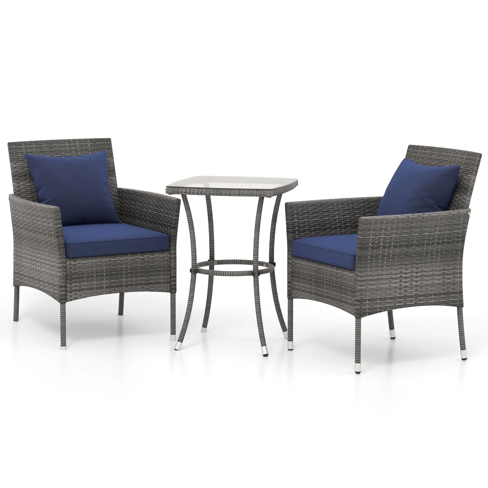 3 Piece Patio Furniture Set, Cushioned Chairs, Tempered Glass Table, Navy