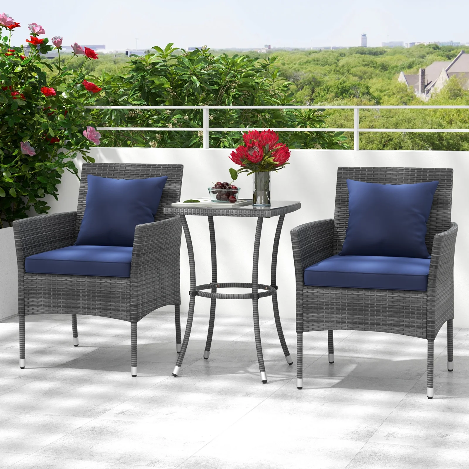 3 Piece Patio Furniture Set, Cushioned Chairs, Tempered Glass Table, Navy - Image 2