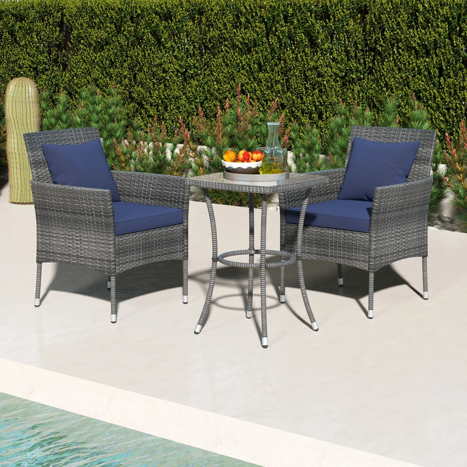 3 Piece Patio Furniture Set, Cushioned Chairs, Tempered Glass Table, Navy - Image 3