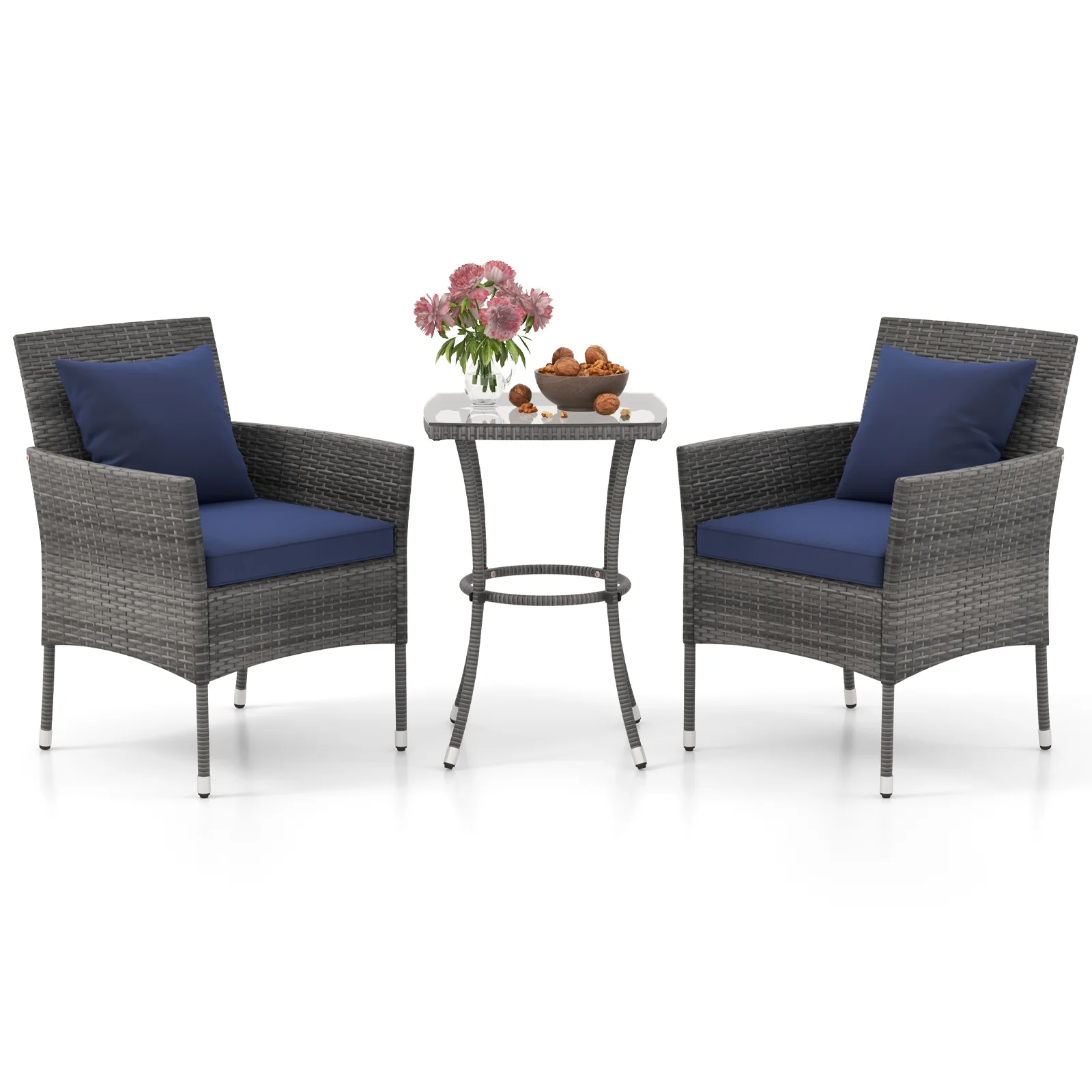 3 Piece Patio Furniture Set, Cushioned Chairs, Tempered Glass Table, Navy - Image 5