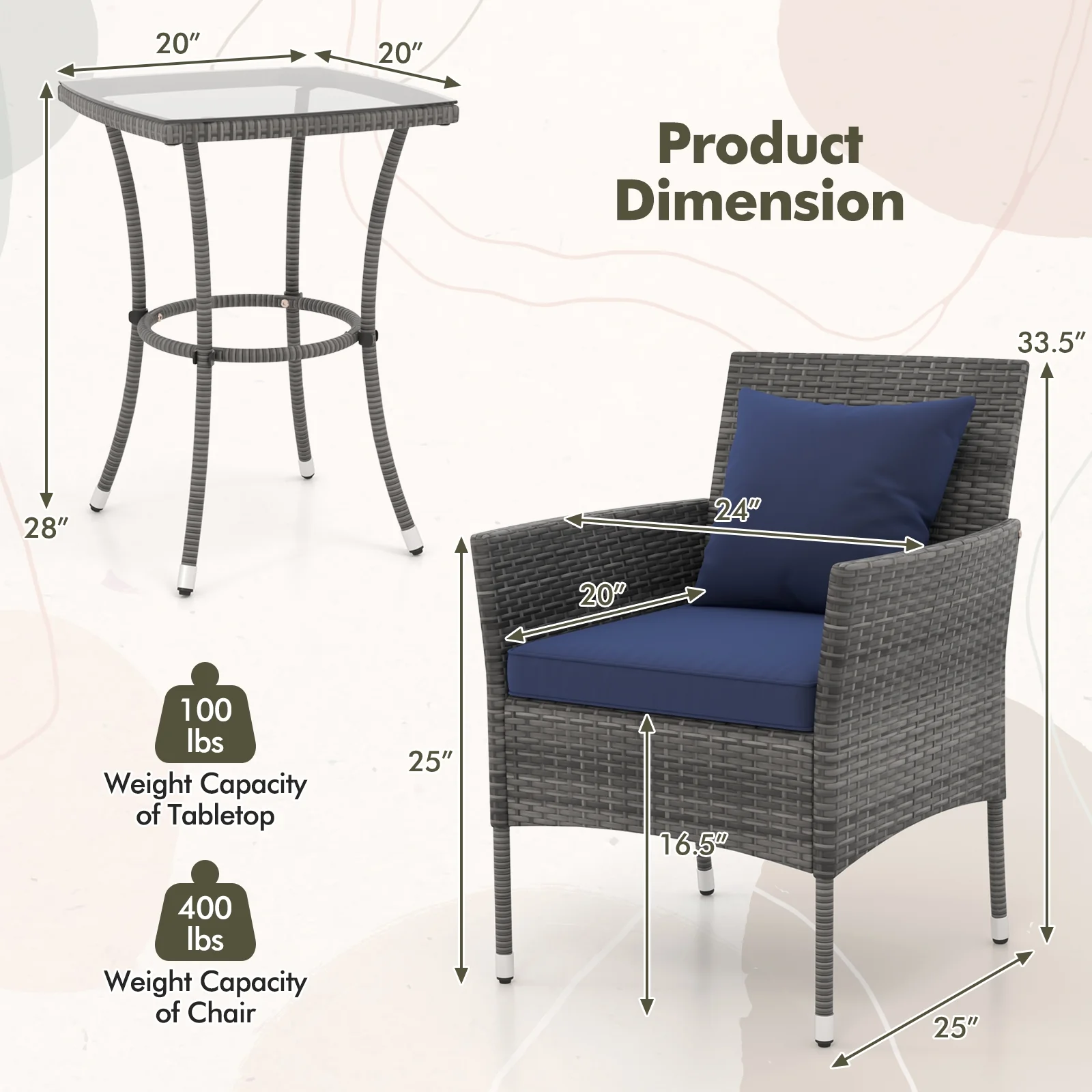 3 Piece Patio Furniture Set, Cushioned Chairs, Tempered Glass Table, Navy - Image 6
