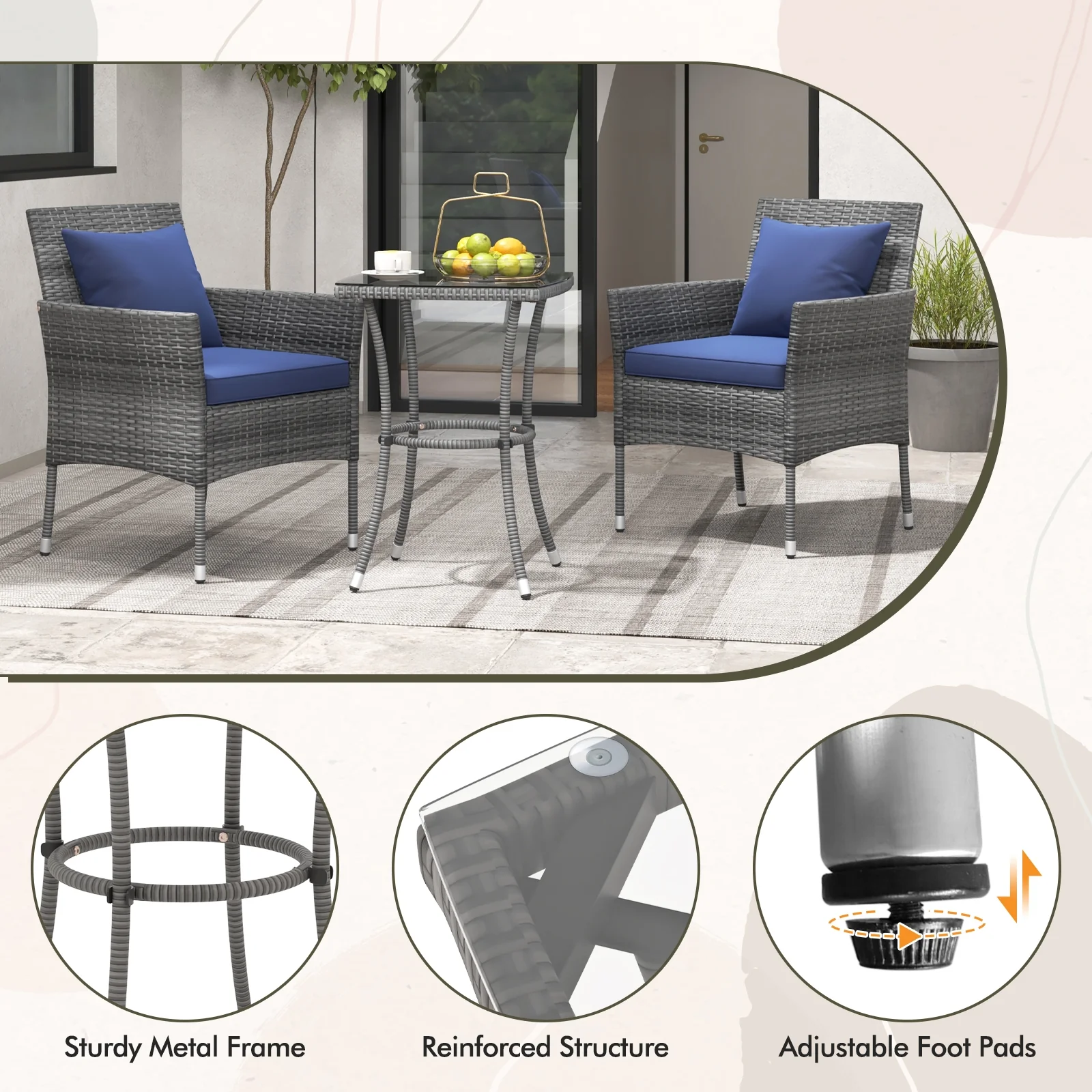 3 Piece Patio Furniture Set, Cushioned Chairs, Tempered Glass Table, Navy - Image 8