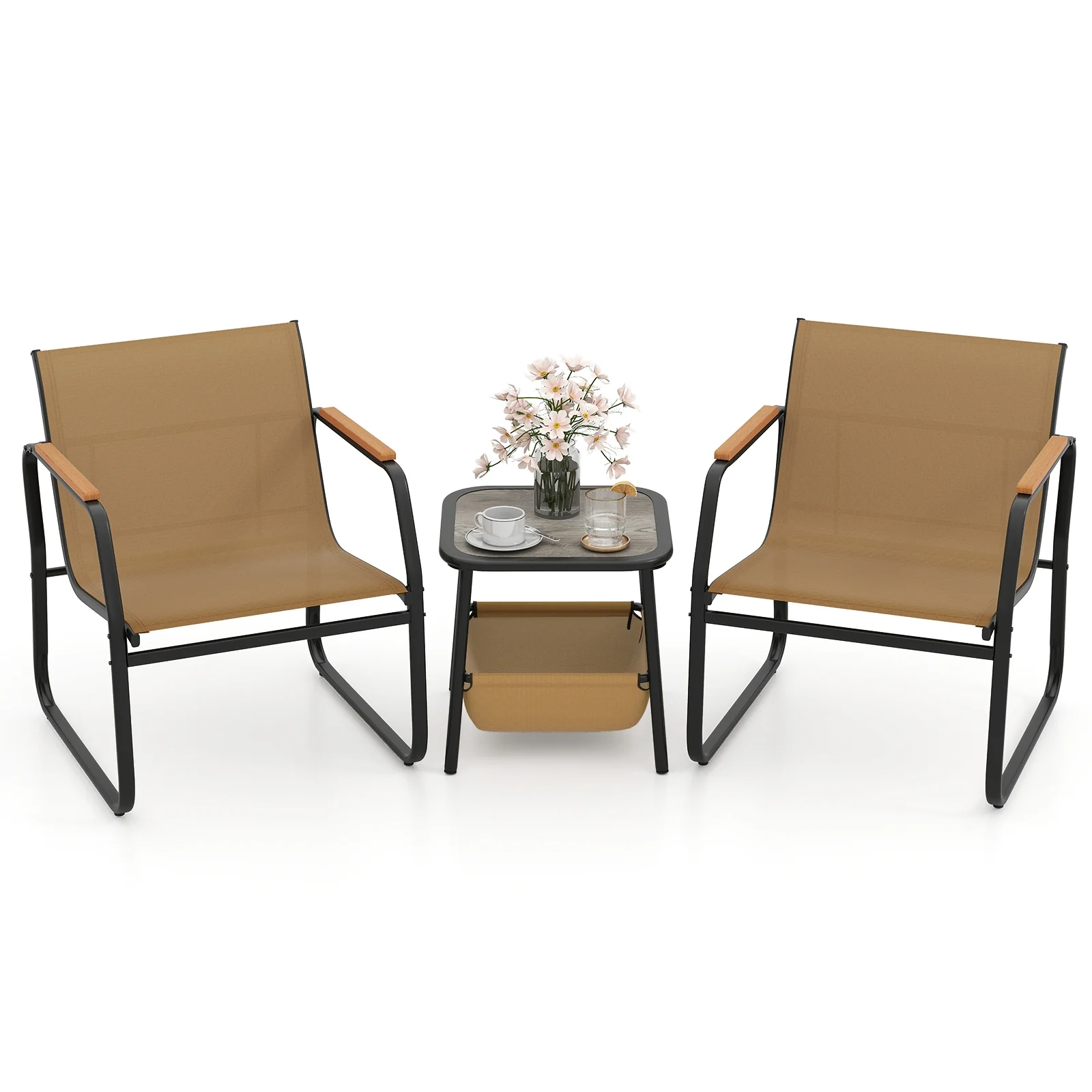 3 Piece Patio Furniture Set, Outdoor Bistro Conversation Set, Brown