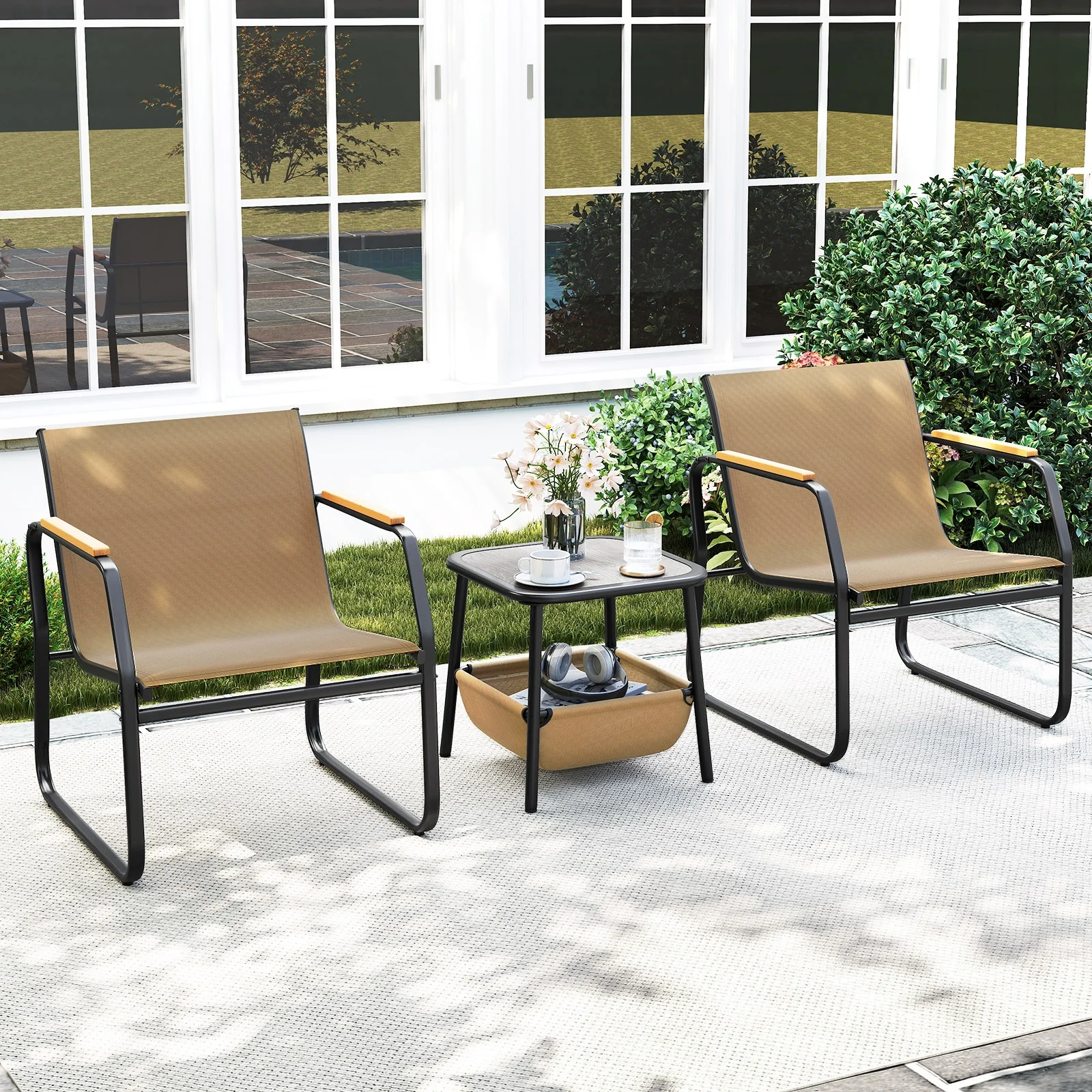 3 Piece Patio Furniture Set, Outdoor Bistro Conversation Set, Brown - Image 2