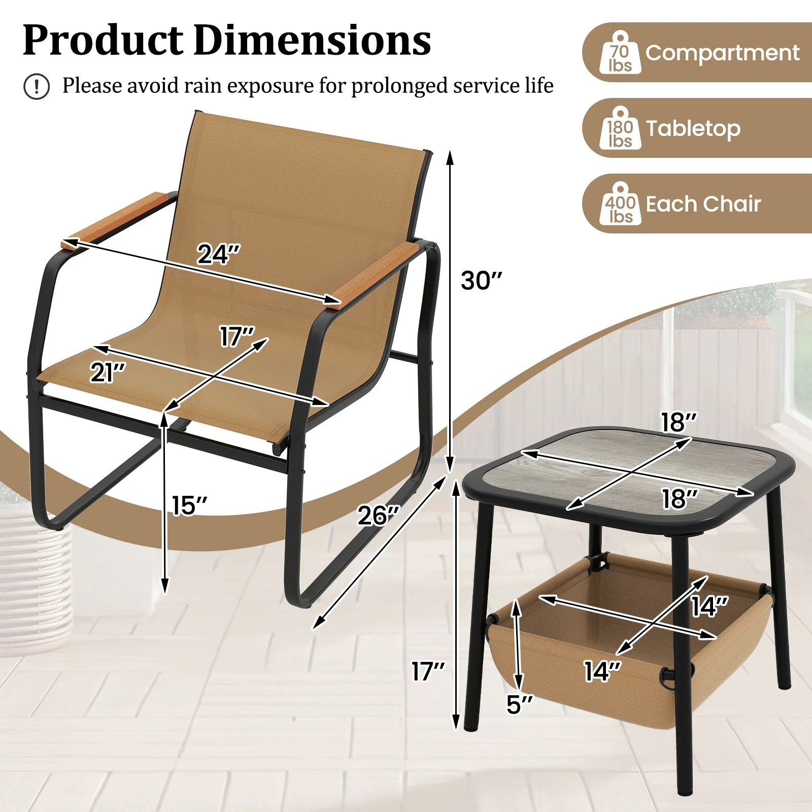 3 Piece Patio Furniture Set, Outdoor Bistro Conversation Set, Brown - Image 6