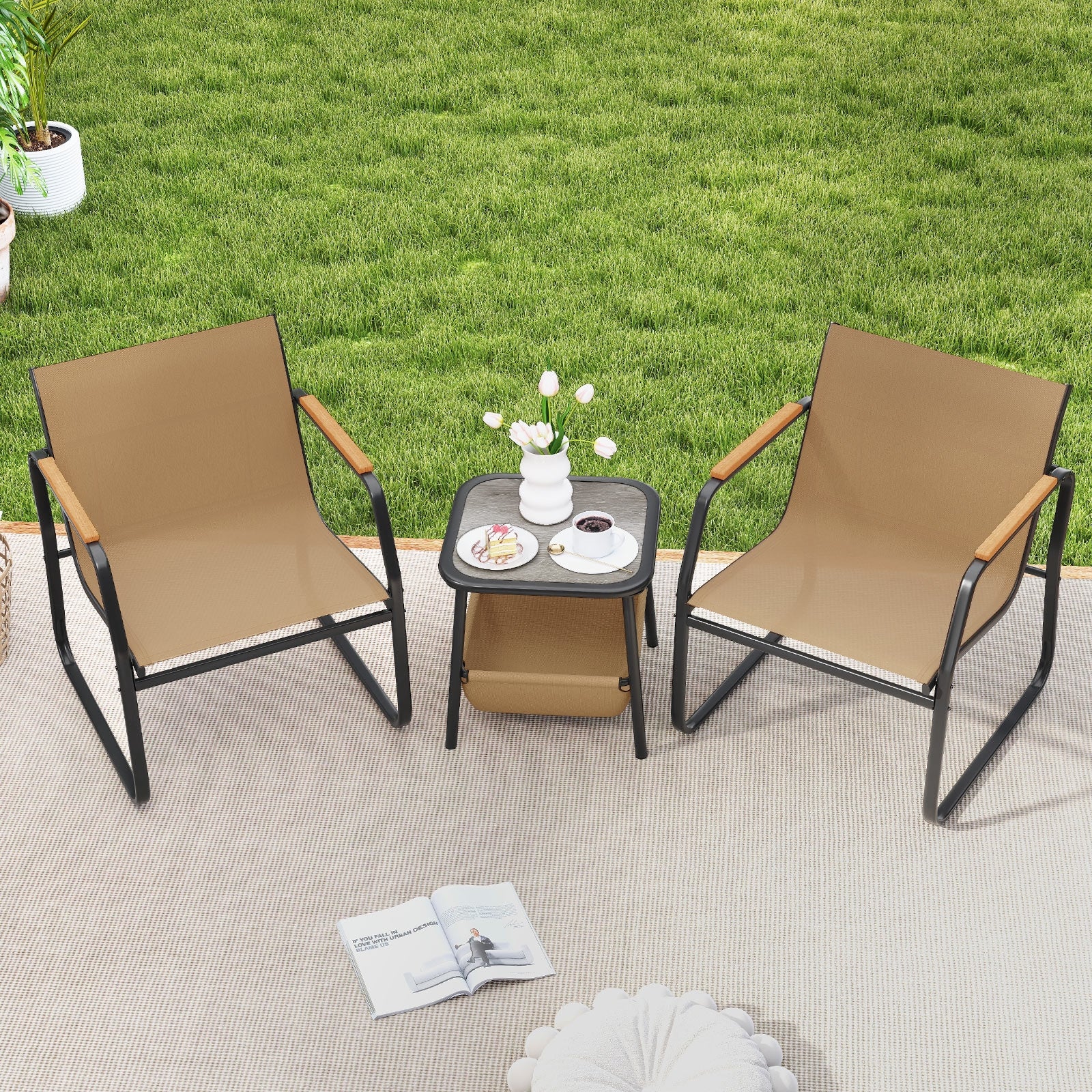 3 Piece Patio Furniture Set, Outdoor Bistro Conversation Set, Brown - Image 7