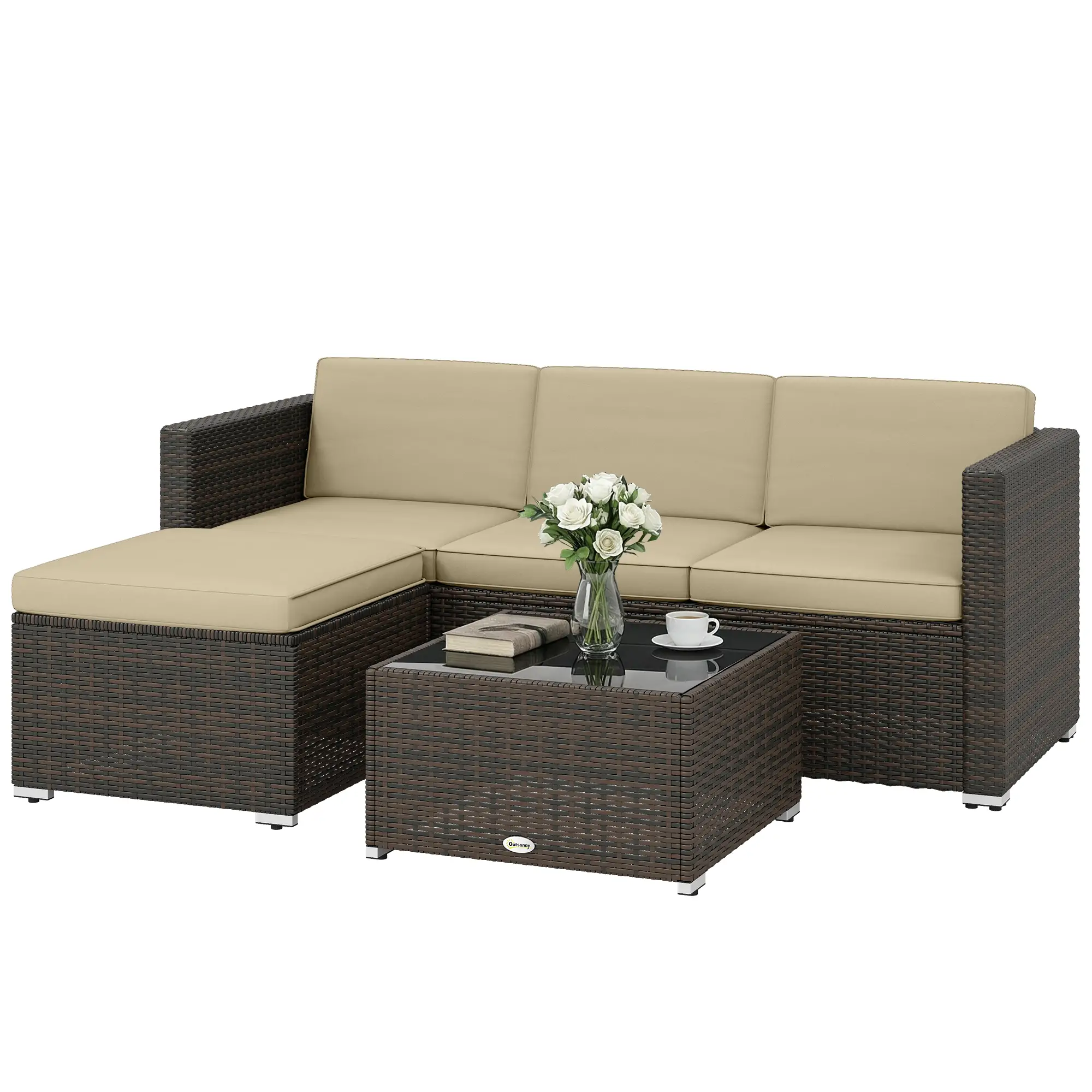 3-Piece Patio Furniture Set, Outdoor PE Rattan Sofa, Khaki