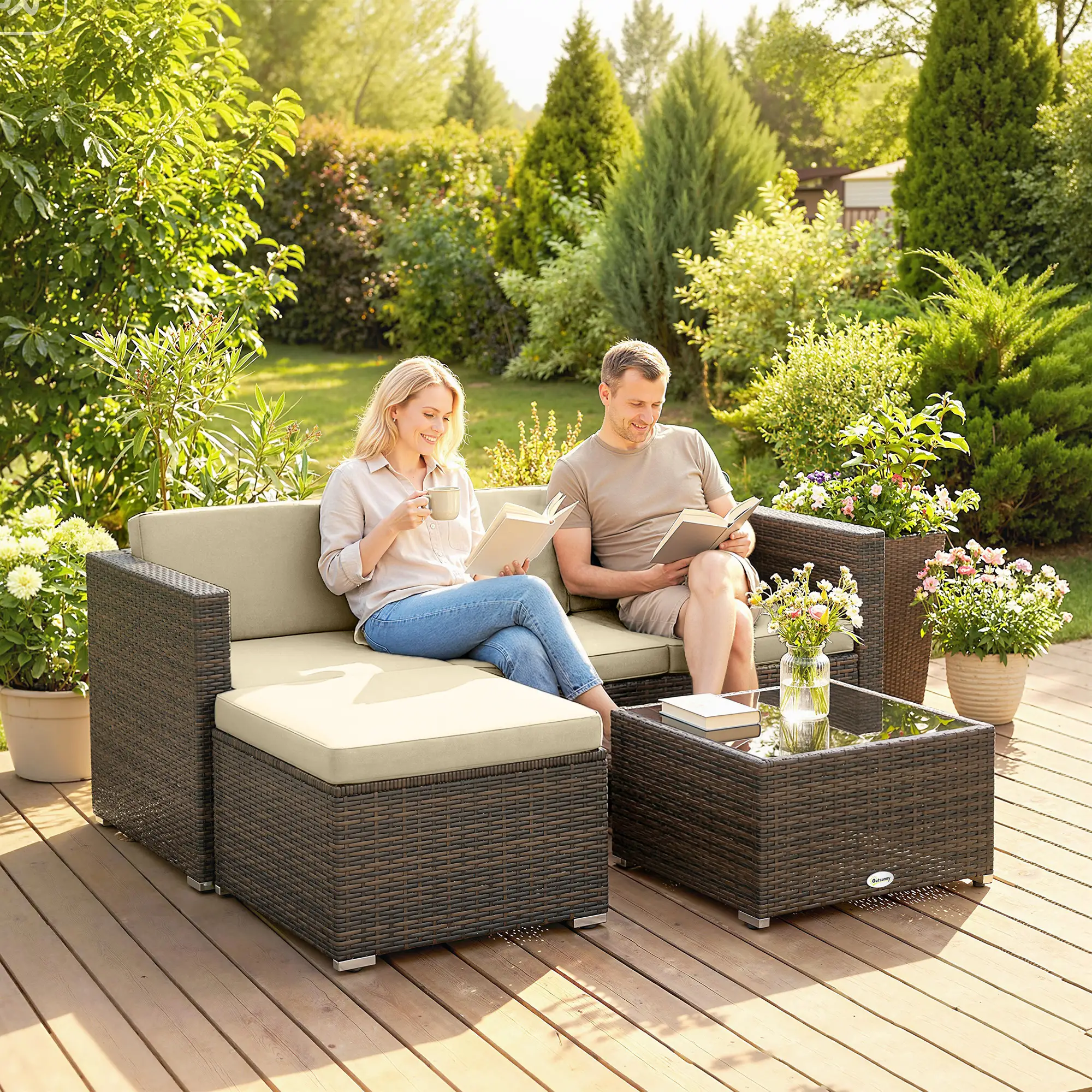 3-Piece Patio Furniture Set, Outdoor PE Rattan Sofa, Khaki - Image 10