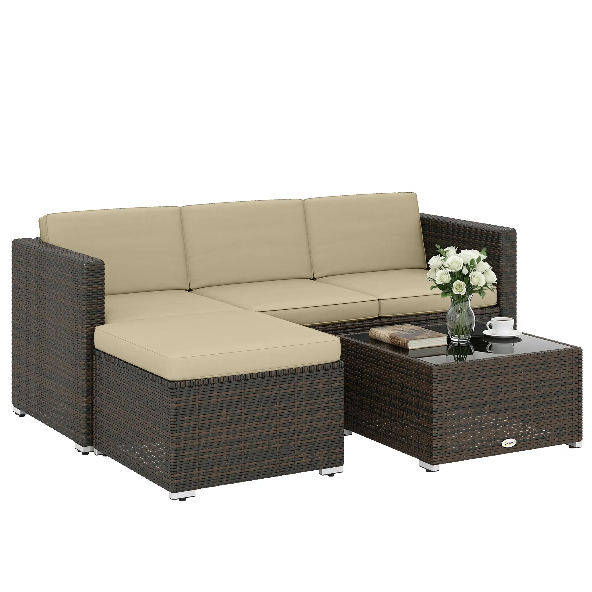 3-Piece Patio Furniture Set, Outdoor PE Rattan Sofa, Khaki - Image 11