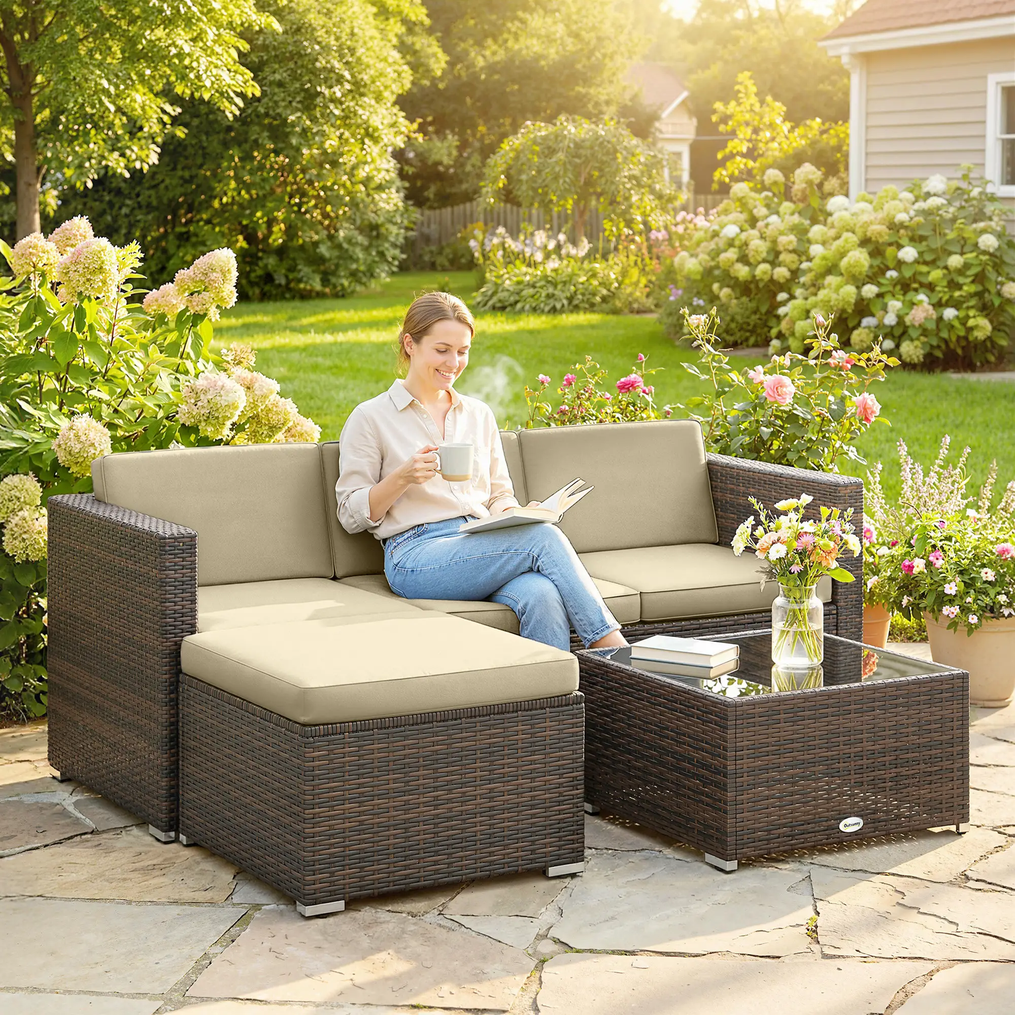 3-Piece Patio Furniture Set, Outdoor PE Rattan Sofa, Khaki - Image 2