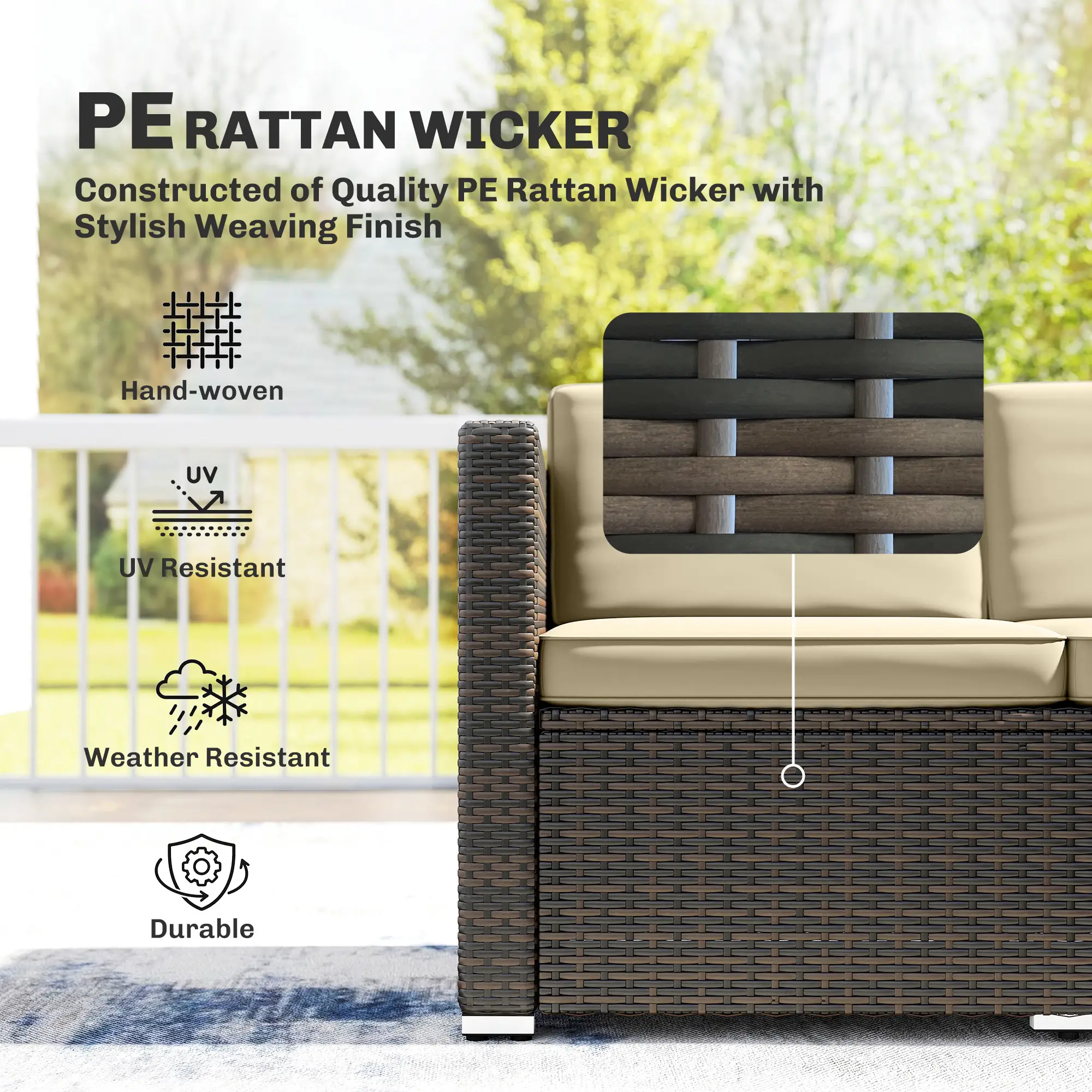 3-Piece Patio Furniture Set, Outdoor PE Rattan Sofa, Khaki - Image 4