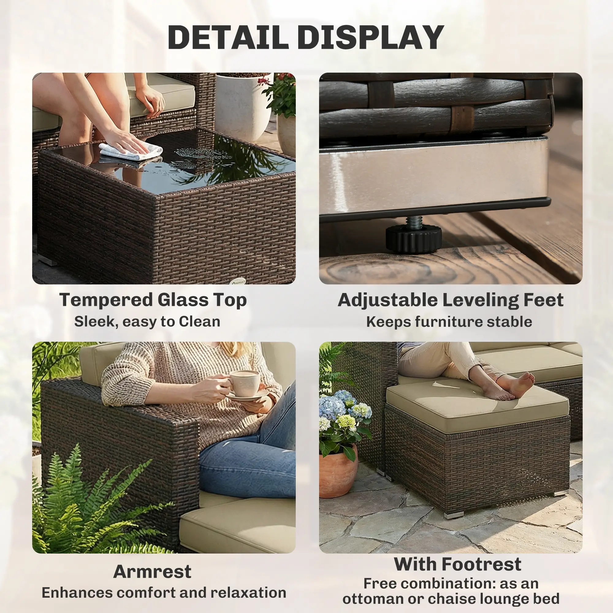 3-Piece Patio Furniture Set, Outdoor PE Rattan Sofa, Khaki - Image 6