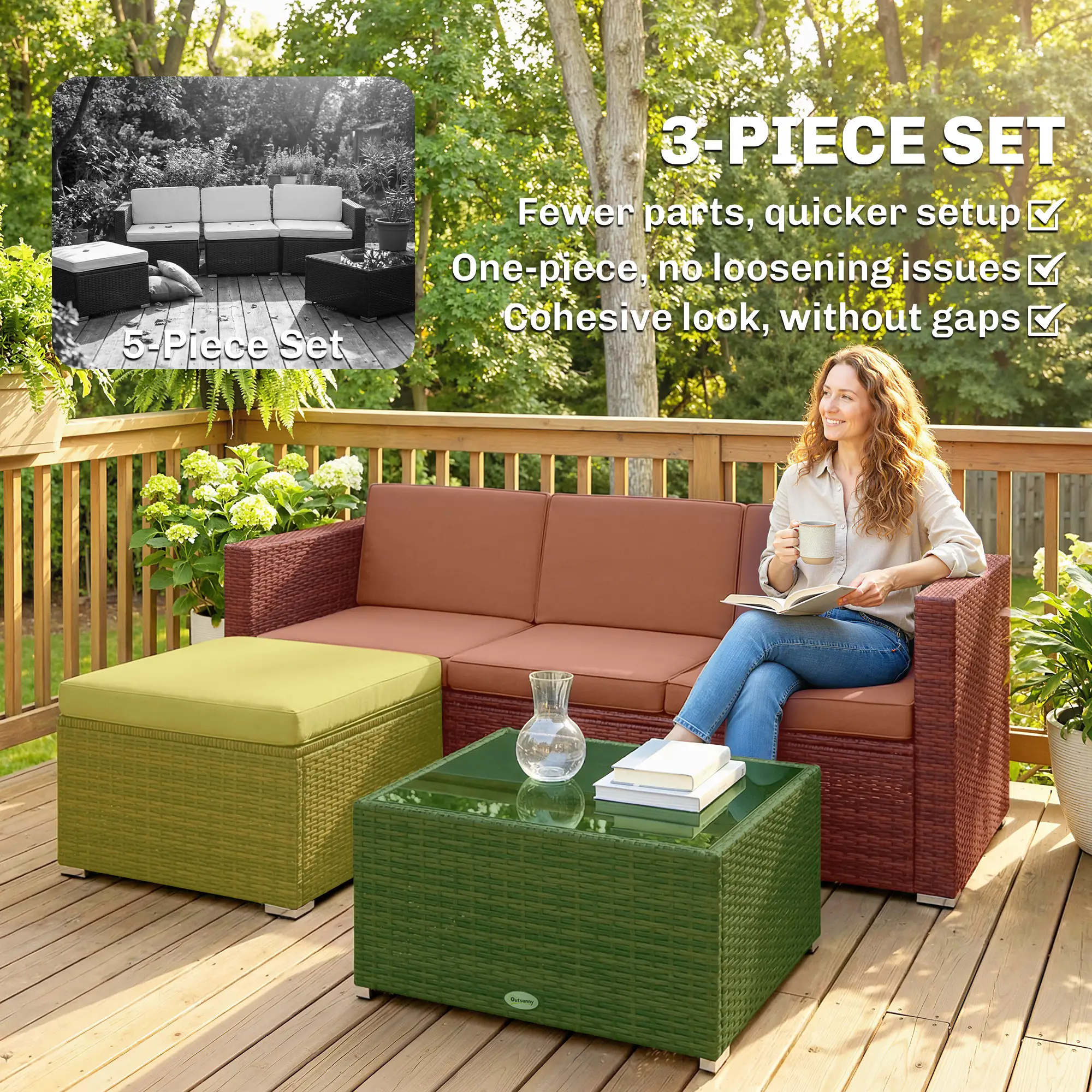 3-Piece Patio Furniture Set, Outdoor PE Rattan Sofa, Khaki - Image 7