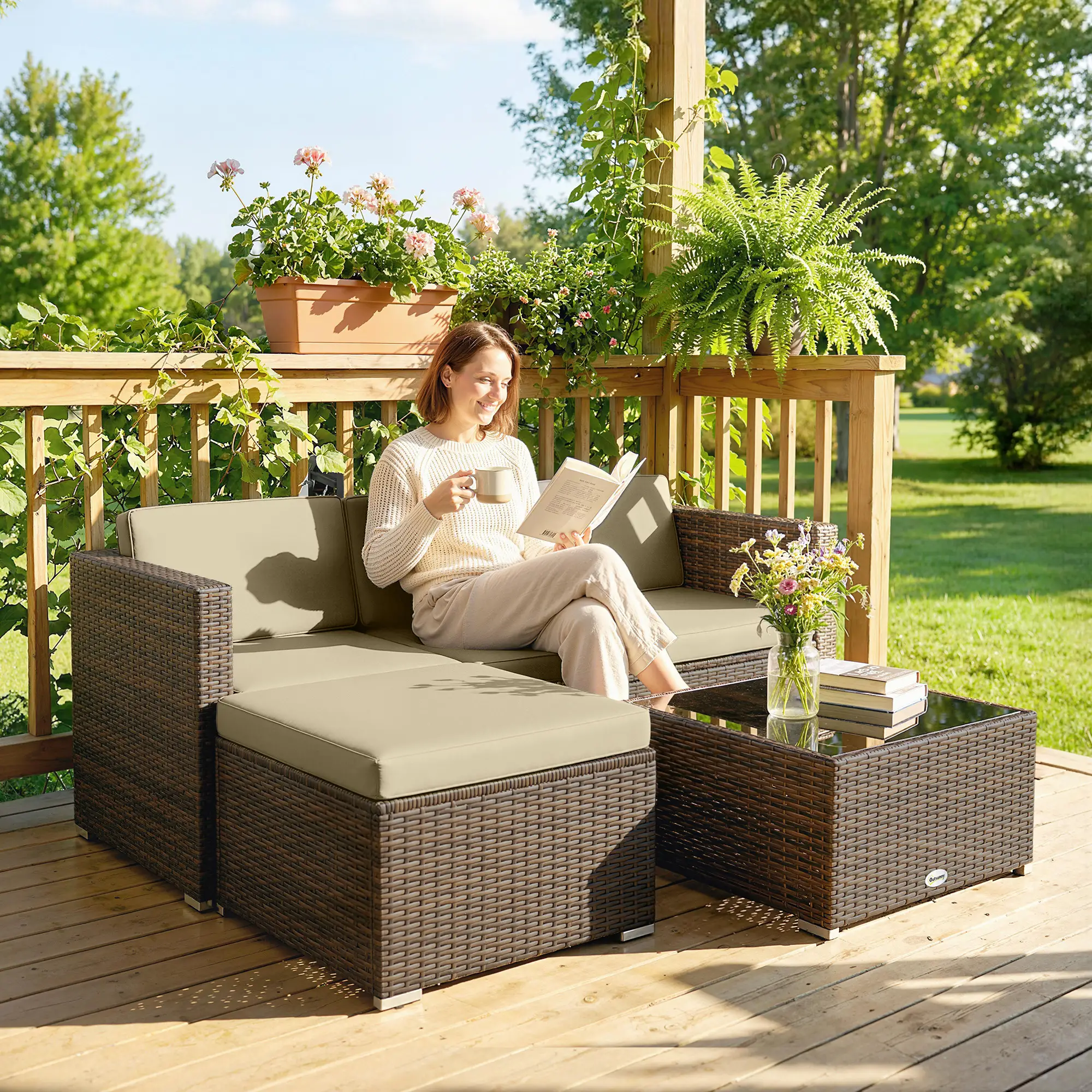3-Piece Patio Furniture Set, Outdoor PE Rattan Sofa, Khaki - Image 9