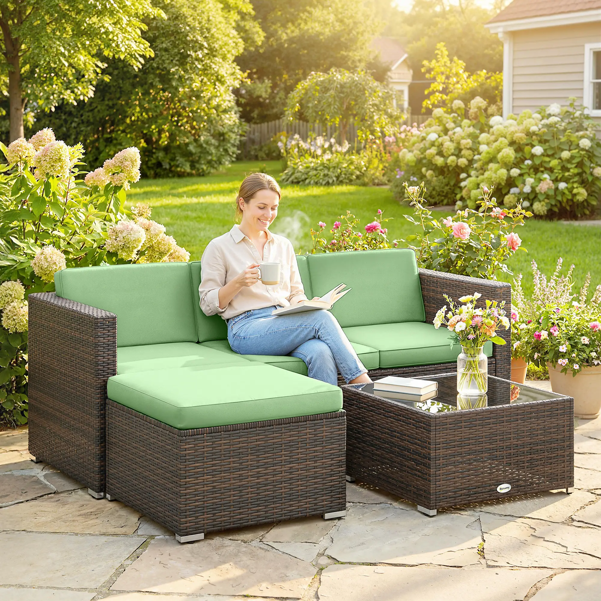 3 Piece Patio Furniture Set, PE Rattan Wicker Corner Sofa, Light Green - Image 2