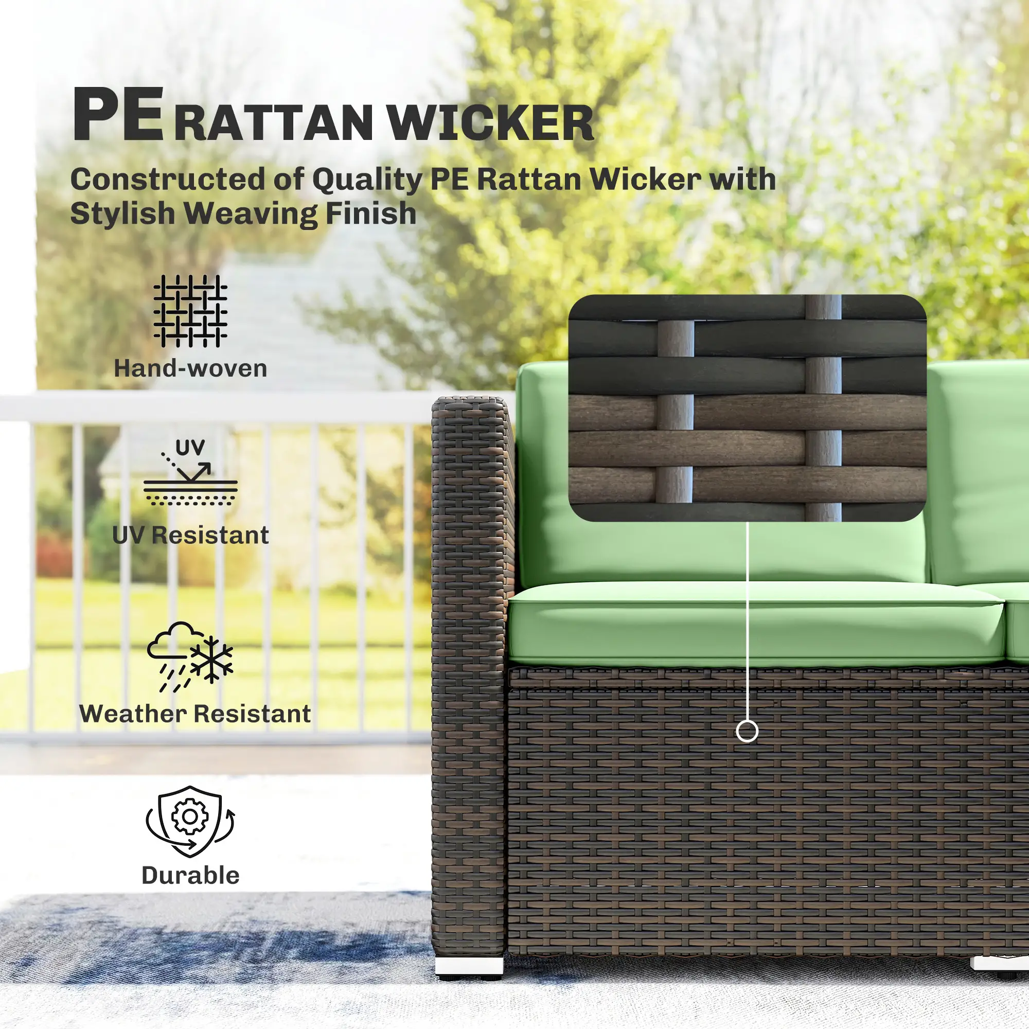 3 Piece Patio Furniture Set, PE Rattan Wicker Corner Sofa, Light Green - Image 4