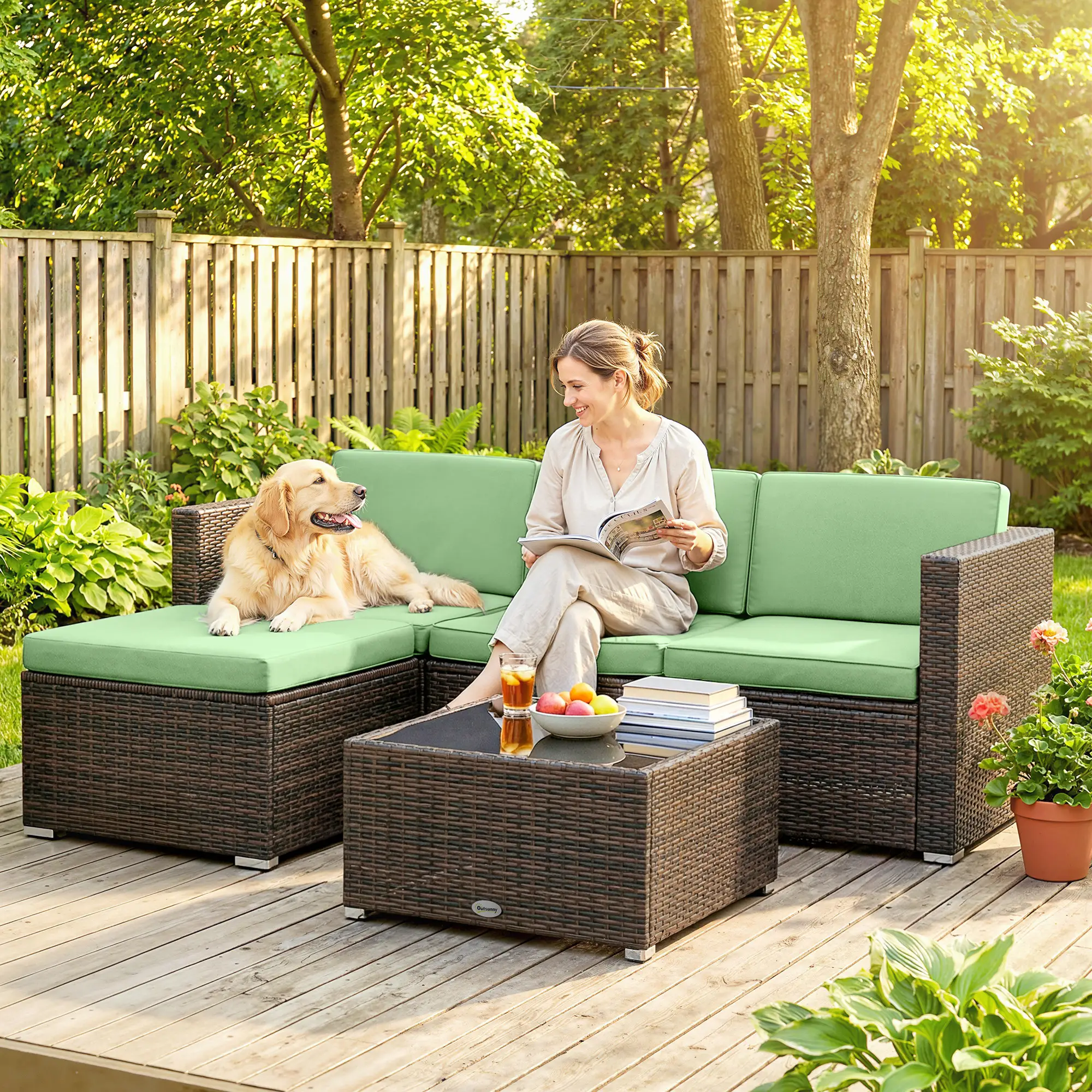 3 Piece Patio Furniture Set, PE Rattan Wicker Corner Sofa, Light Green - Image 8