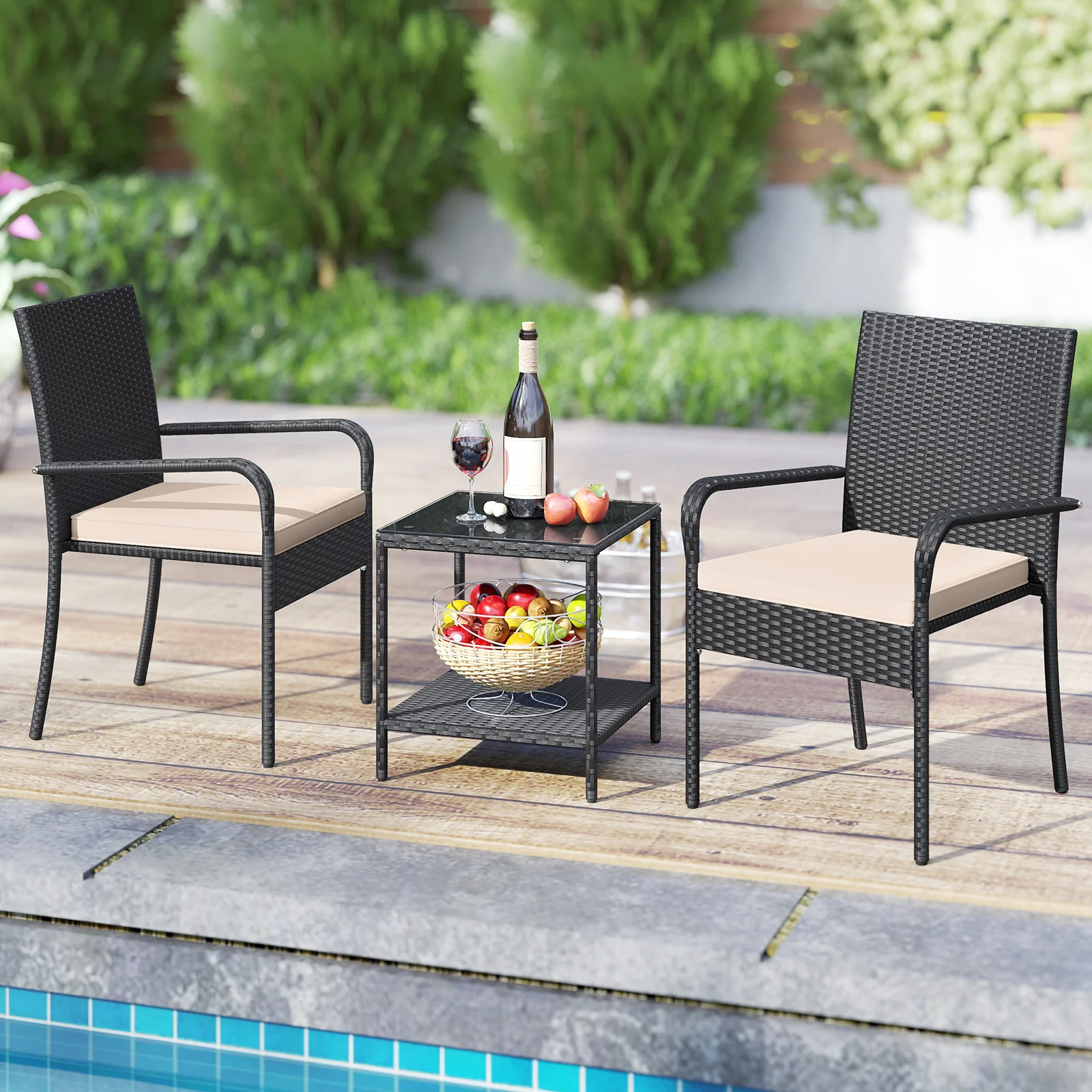 3 Piece Patio Furniture Set, Seat Cushions, Tempered Glass Tabletop, Beige - Image 3