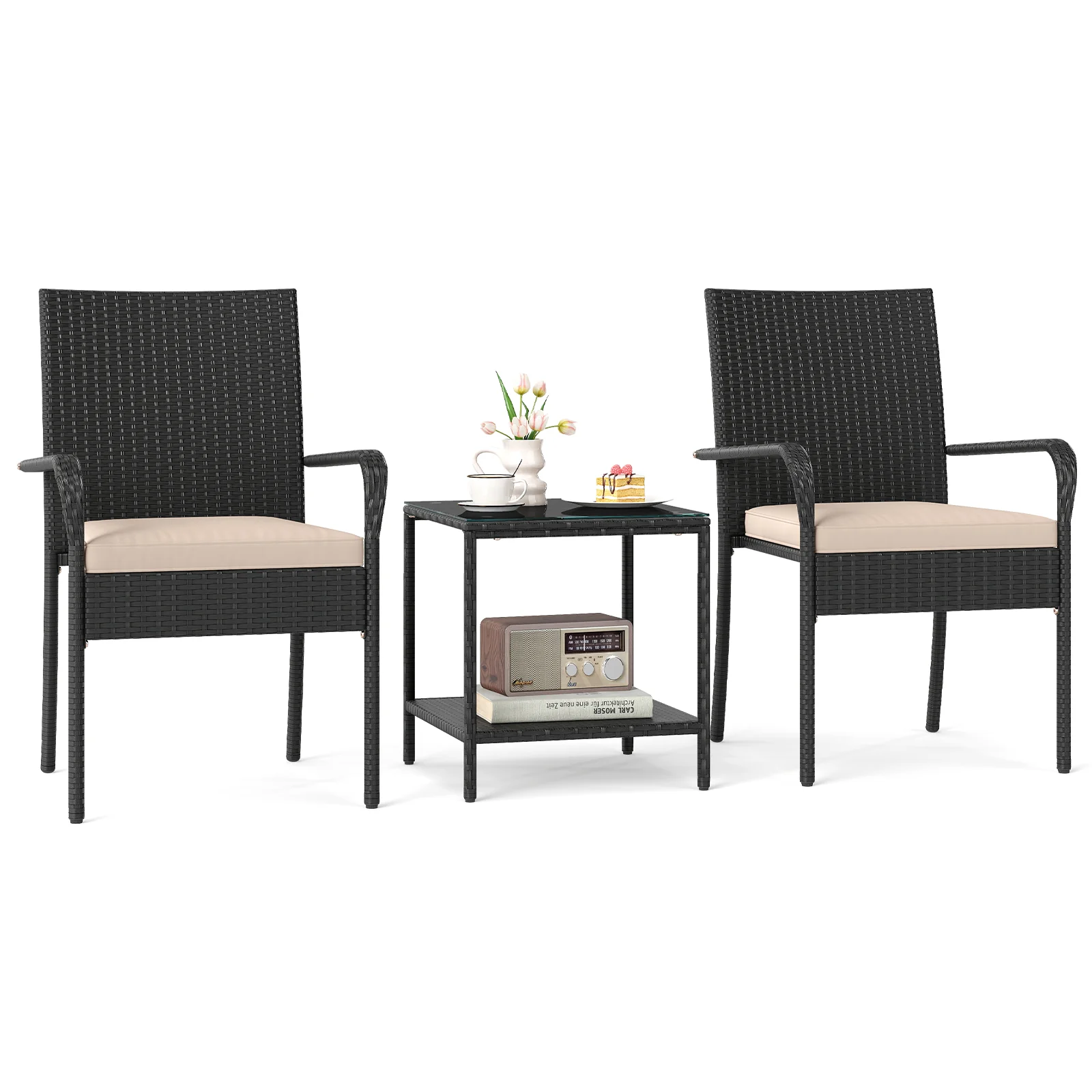 3 Piece Patio Furniture Set, Seat Cushions, Tempered Glass Tabletop, Beige - Image 5