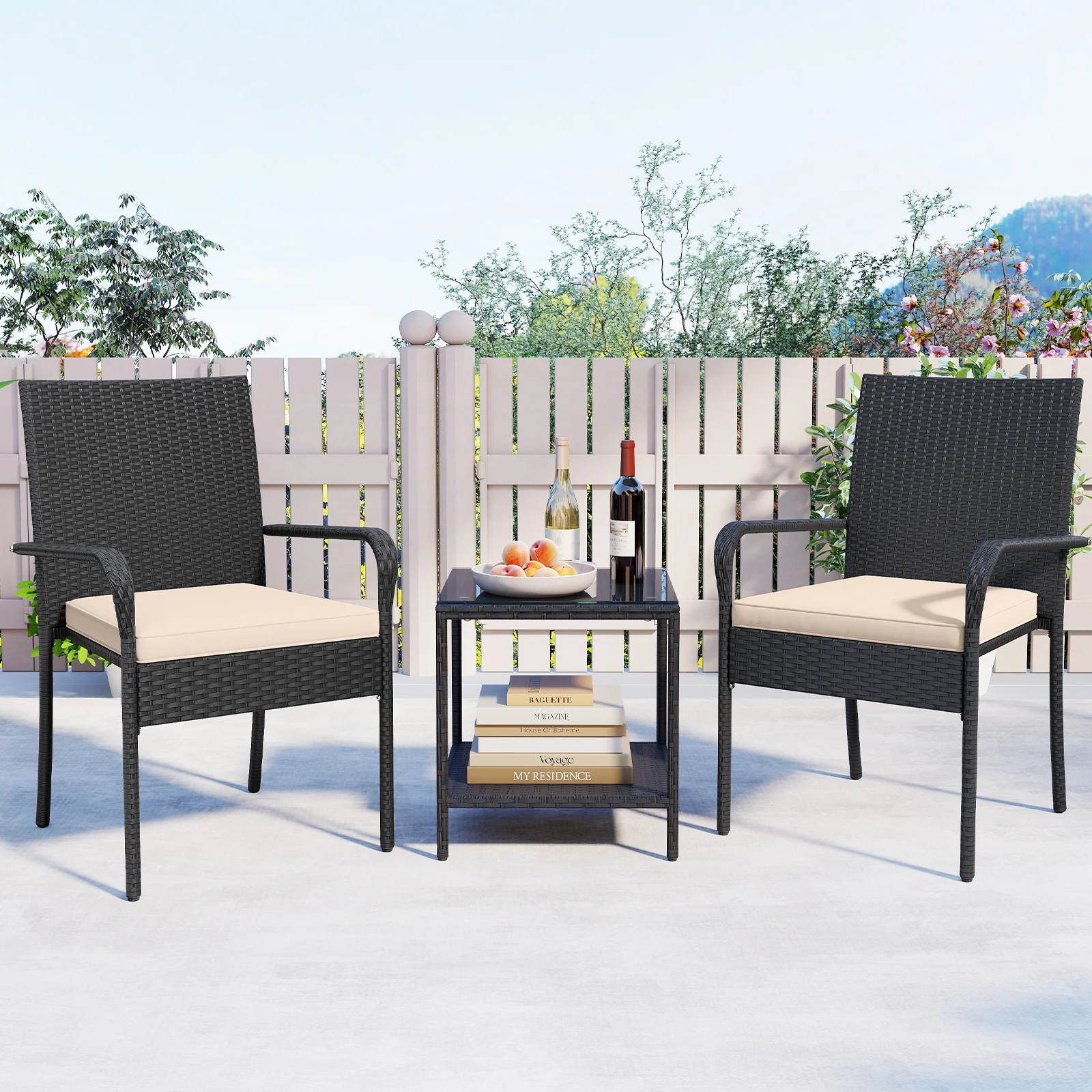 3 Piece Patio Furniture Set, Seat Cushions, Tempered Glass Tabletop, Beige - Image 7