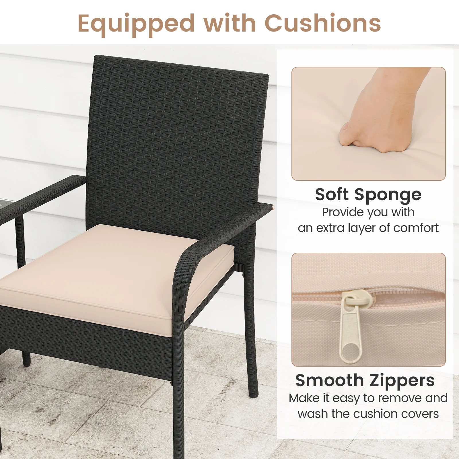 3 Piece Patio Furniture Set, Seat Cushions, Tempered Glass Tabletop, Beige - Image 9