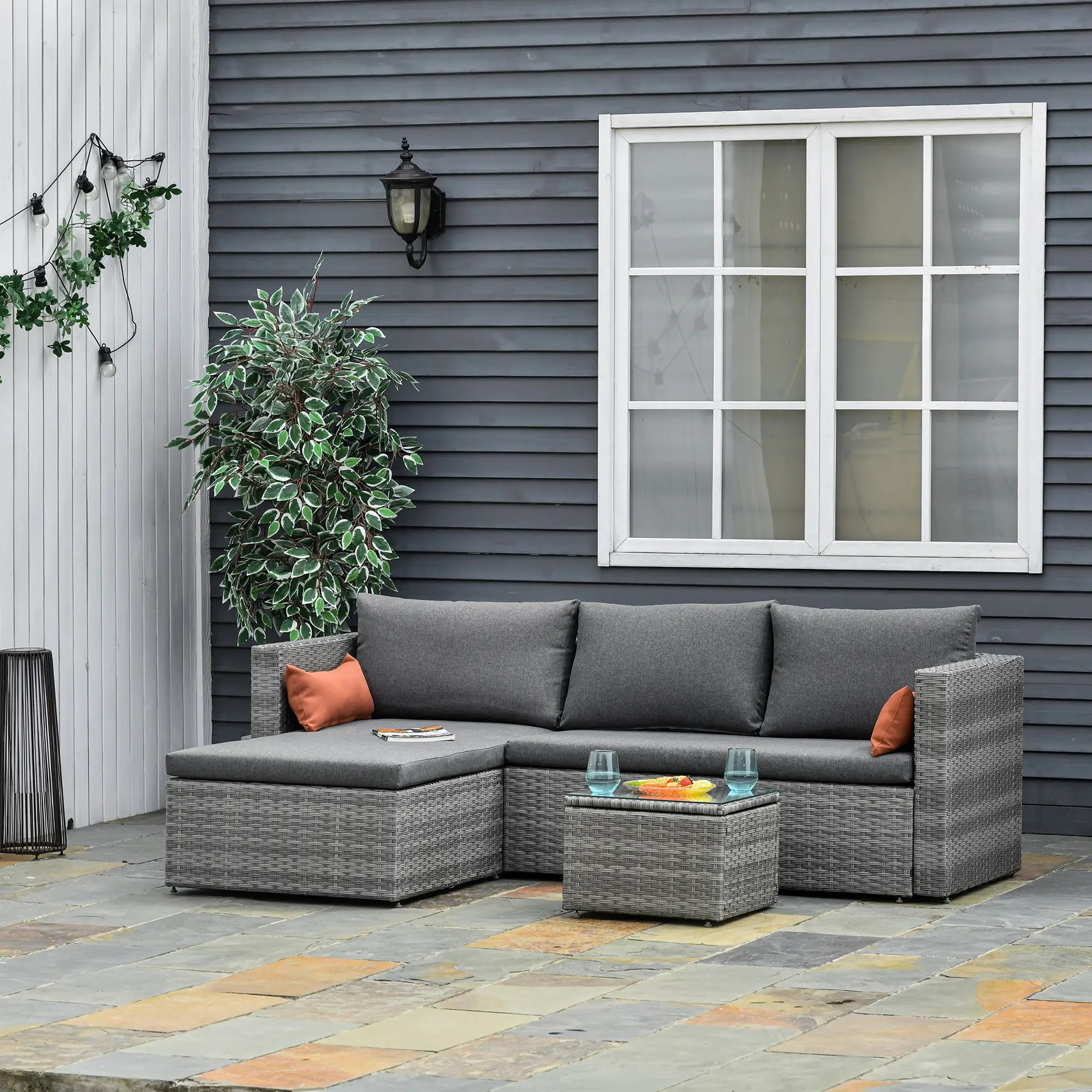 3-Piece Patio Furniture Set, Sectional Sofa, Wicker Chair, Grey - Image 2