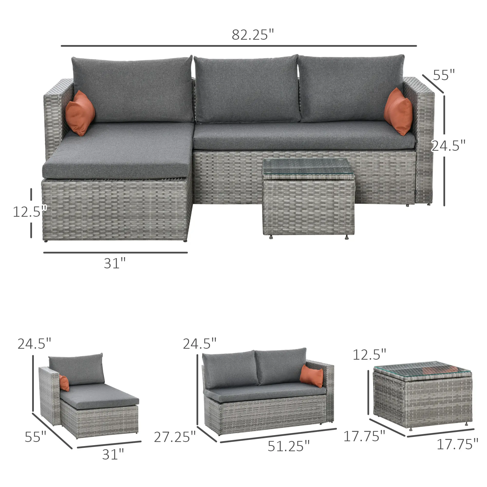 3-Piece Patio Furniture Set, Sectional Sofa, Wicker Chair, Grey - Image 3