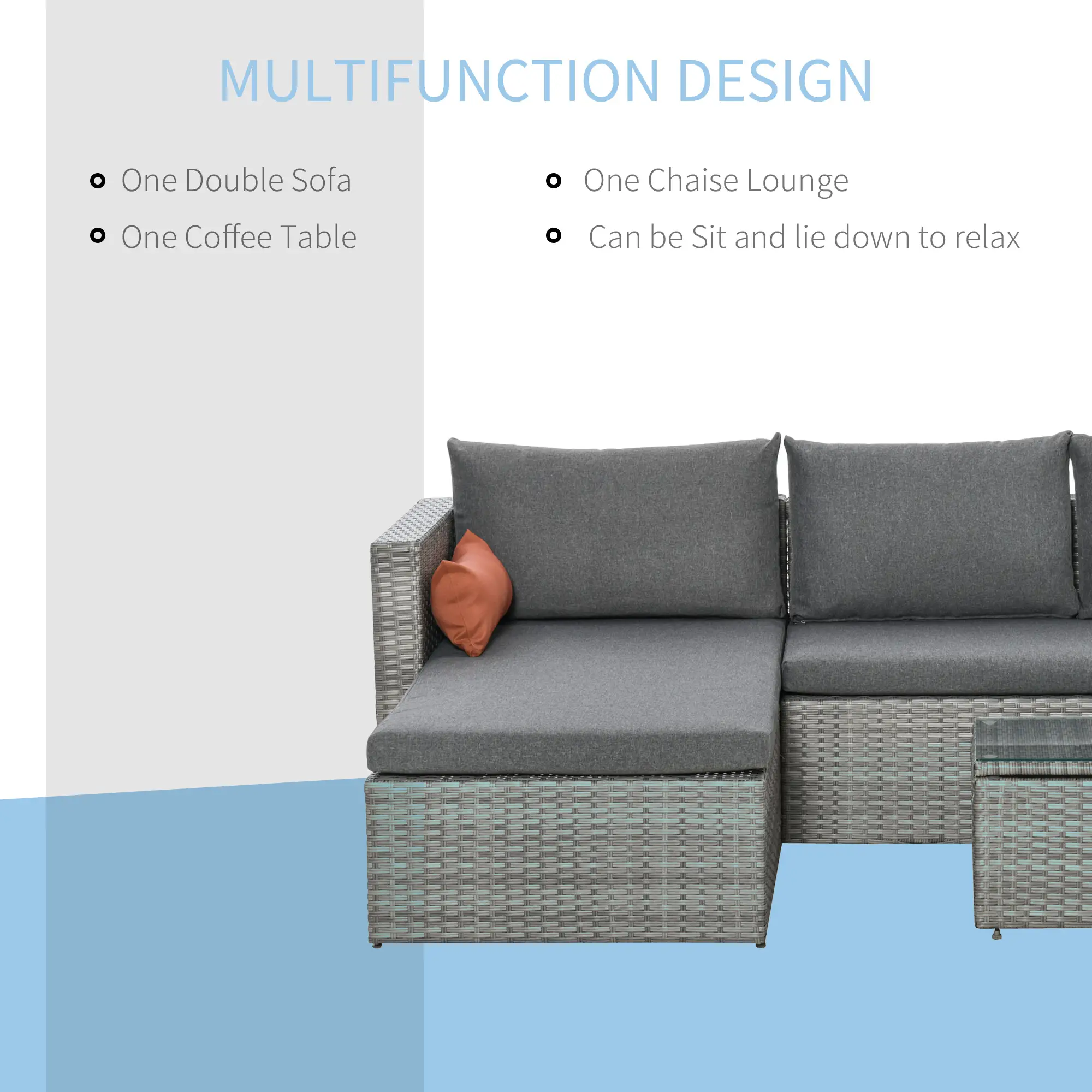 3-Piece Patio Furniture Set, Sectional Sofa, Wicker Chair, Grey - Image 4